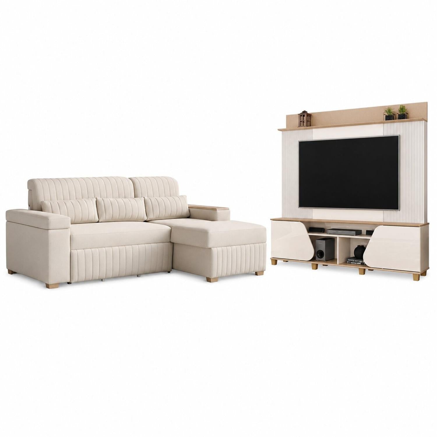 Combo Sala Cama Robi Blanco Puro Orientación Derecha + Centro Entretenimiento Logan Offwhite, Champaña