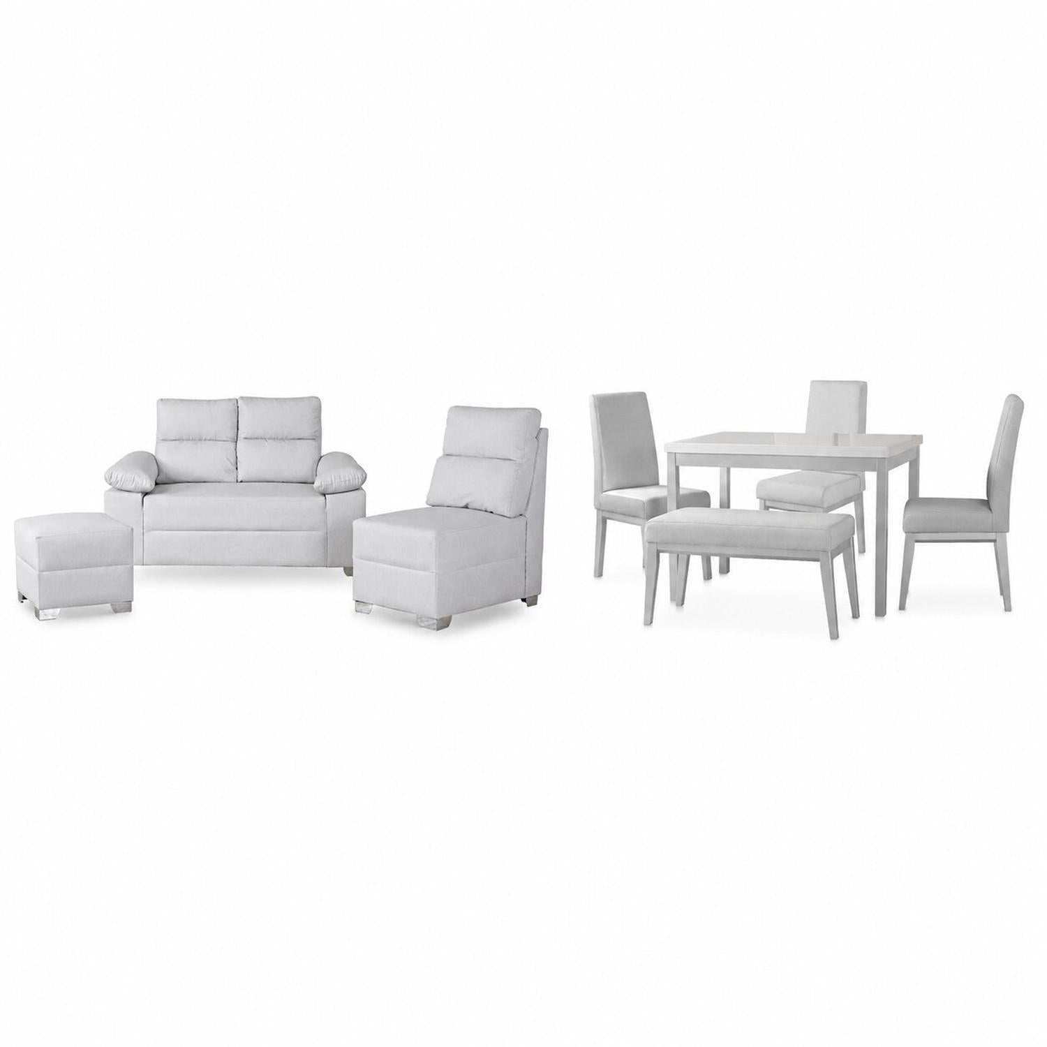 Combo Sala Modular Barton Gaira, Plata + Comedor 4 Puestos Walcot Plata 3Sillas y Butaco