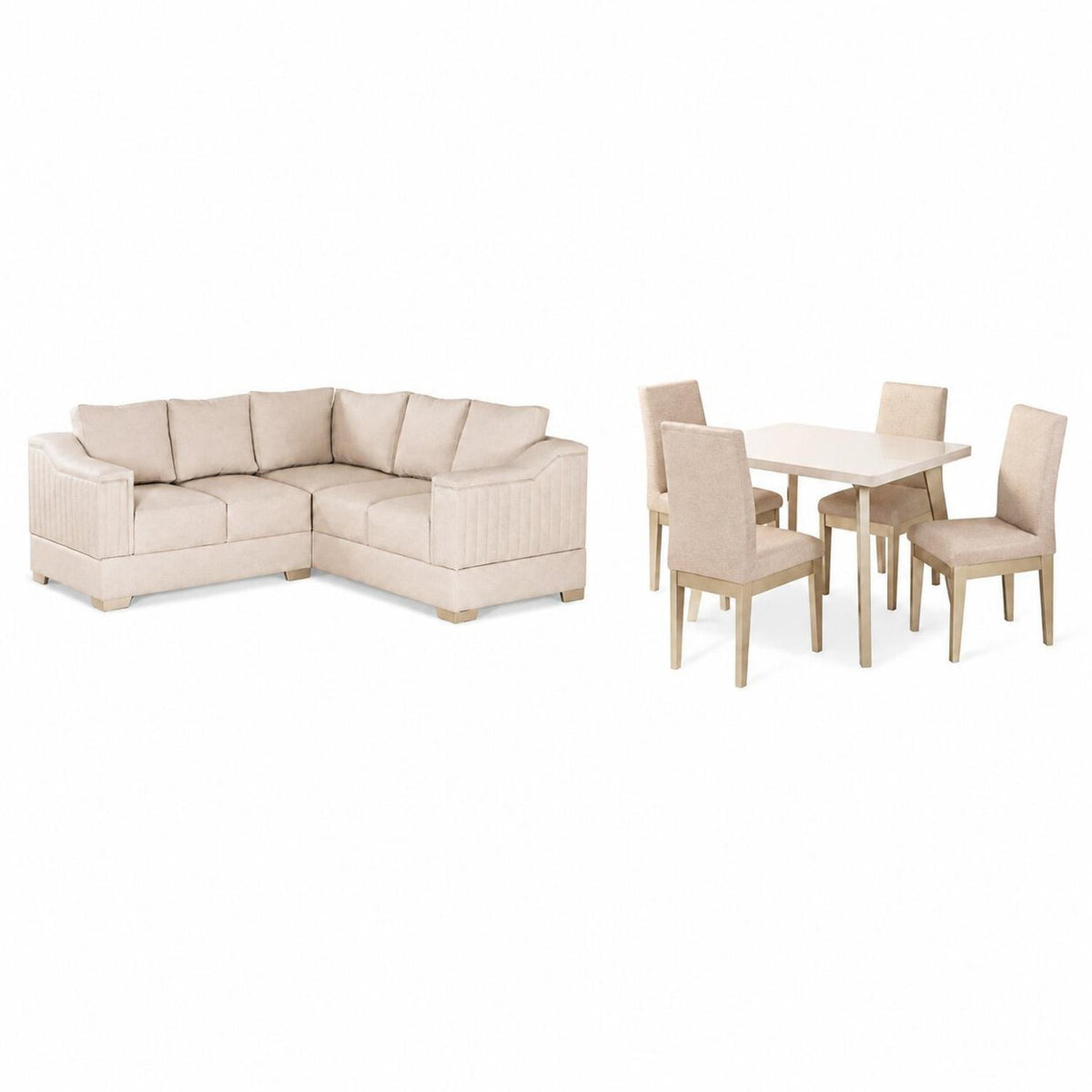 Combo Sala Rinconera Montier Beige, Champaña + Comedor 4 Puestos Cannes Eurolino Marfil, Champaña
