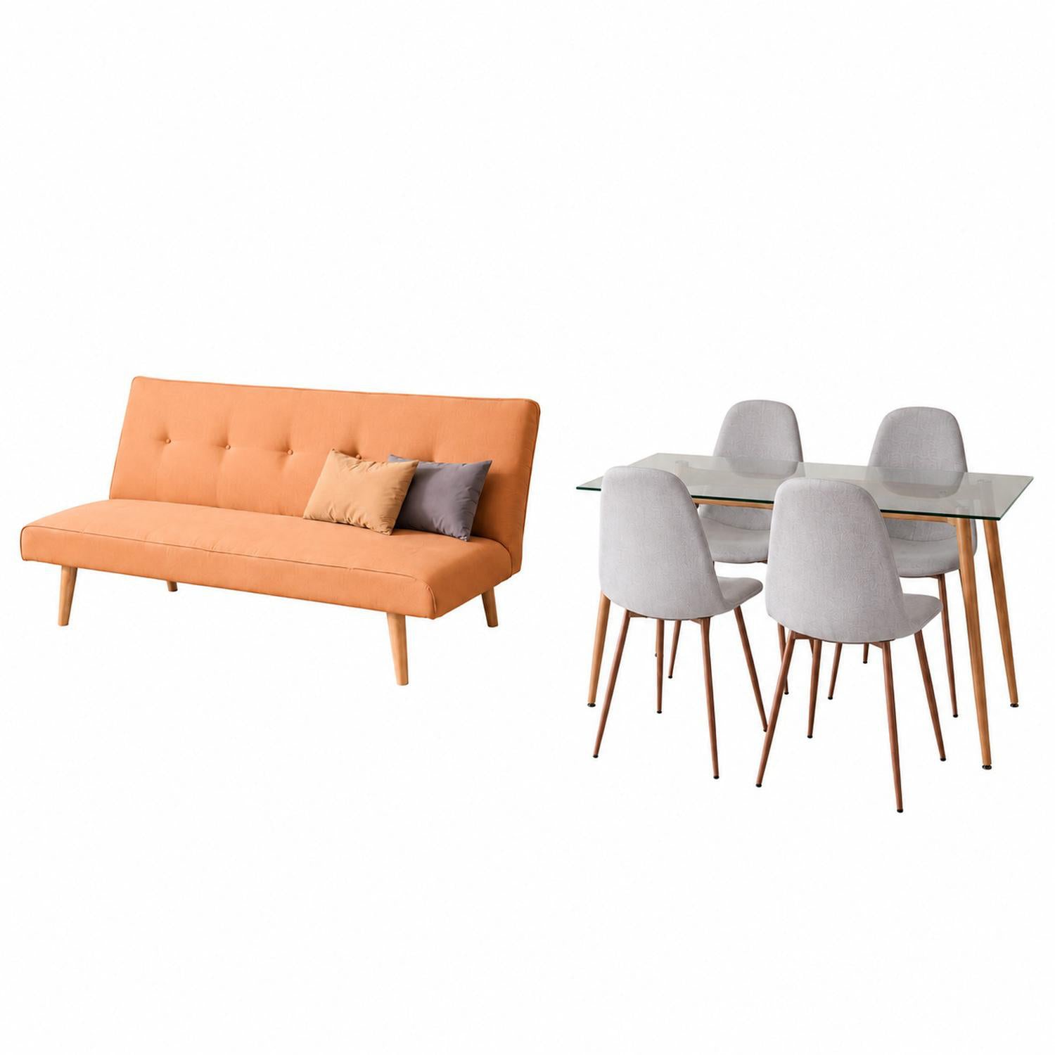 Combo Sofa Cama Gabi Microfribra Terra + Comedor 4 Puestos Harrison Natural, Taupe