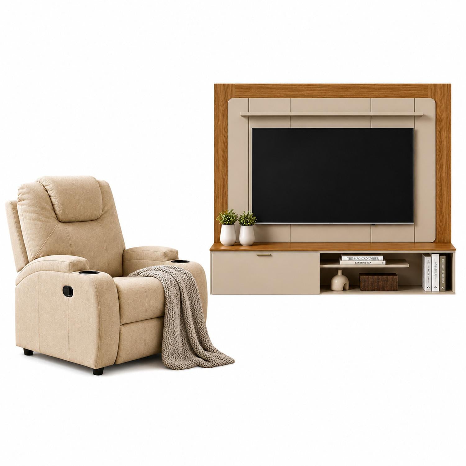 Combo Panel de Tv 182X150X34 Lugano Natural, Offwhite + Silla Reclinable Matti Eurolino Marfil