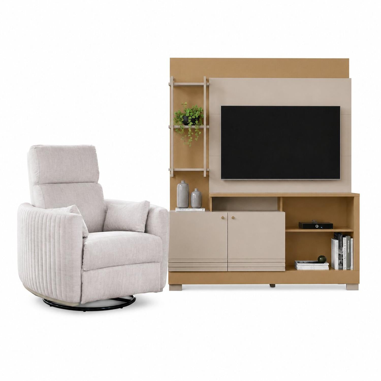 Combo Centro de Entretenimiento 160X187X39 Malaga Offwhite, Champaña + Silla Reclinable Minoti Atlas Marmol Mecedora, Giratoria