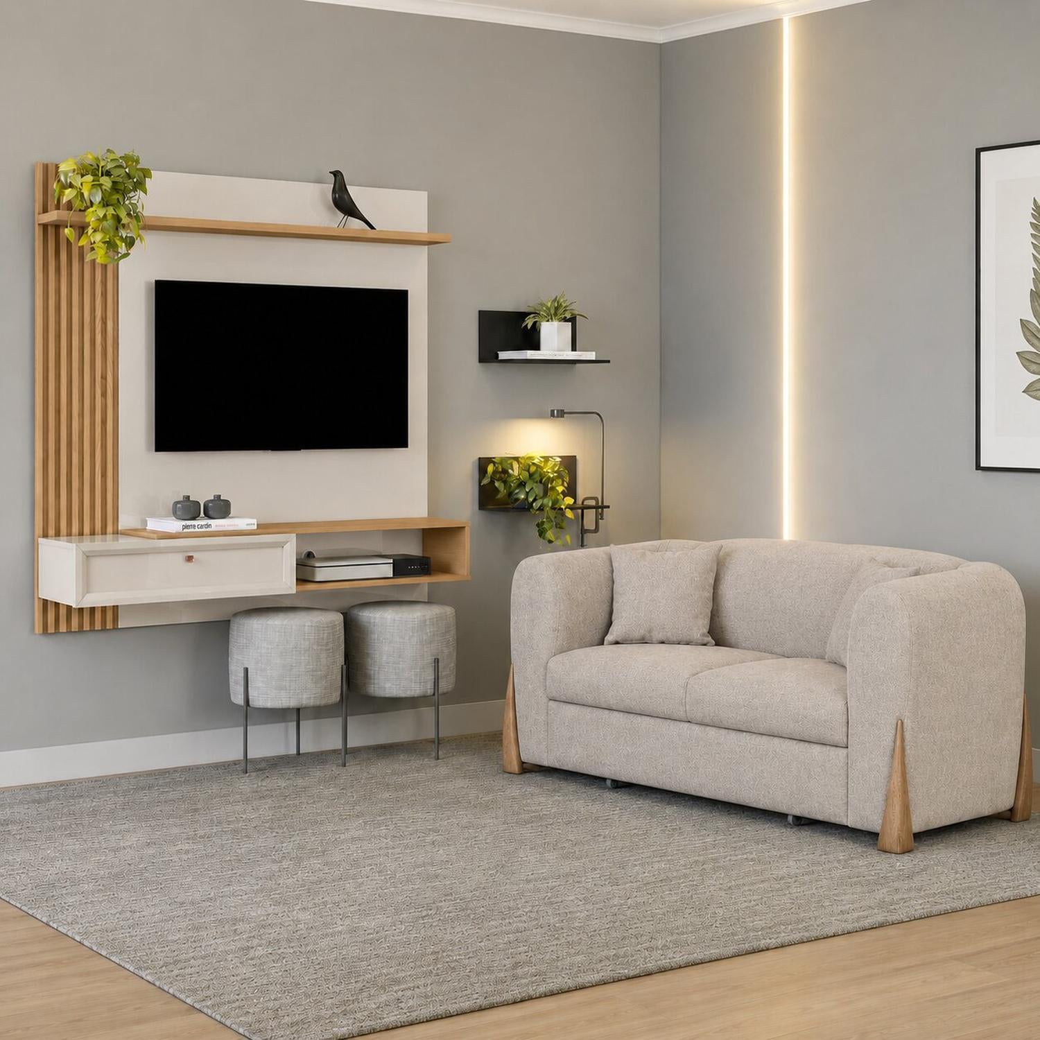 Combo Sofa Cama Bell Impetu Beige, Natural + Panel De Tv Pier 133X132 Offwhite, Natural