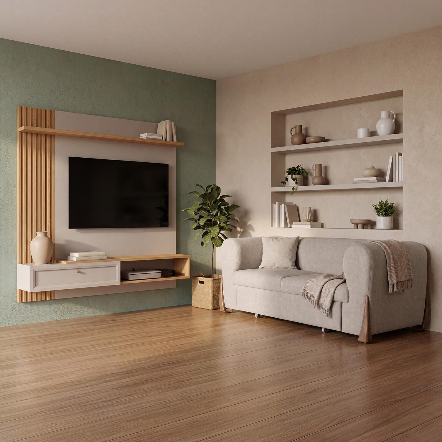 Combo Sofa Cama Bell Impetu Beige, Natural + Panel De Tv Pier 133X132 Offwhite, Natural
