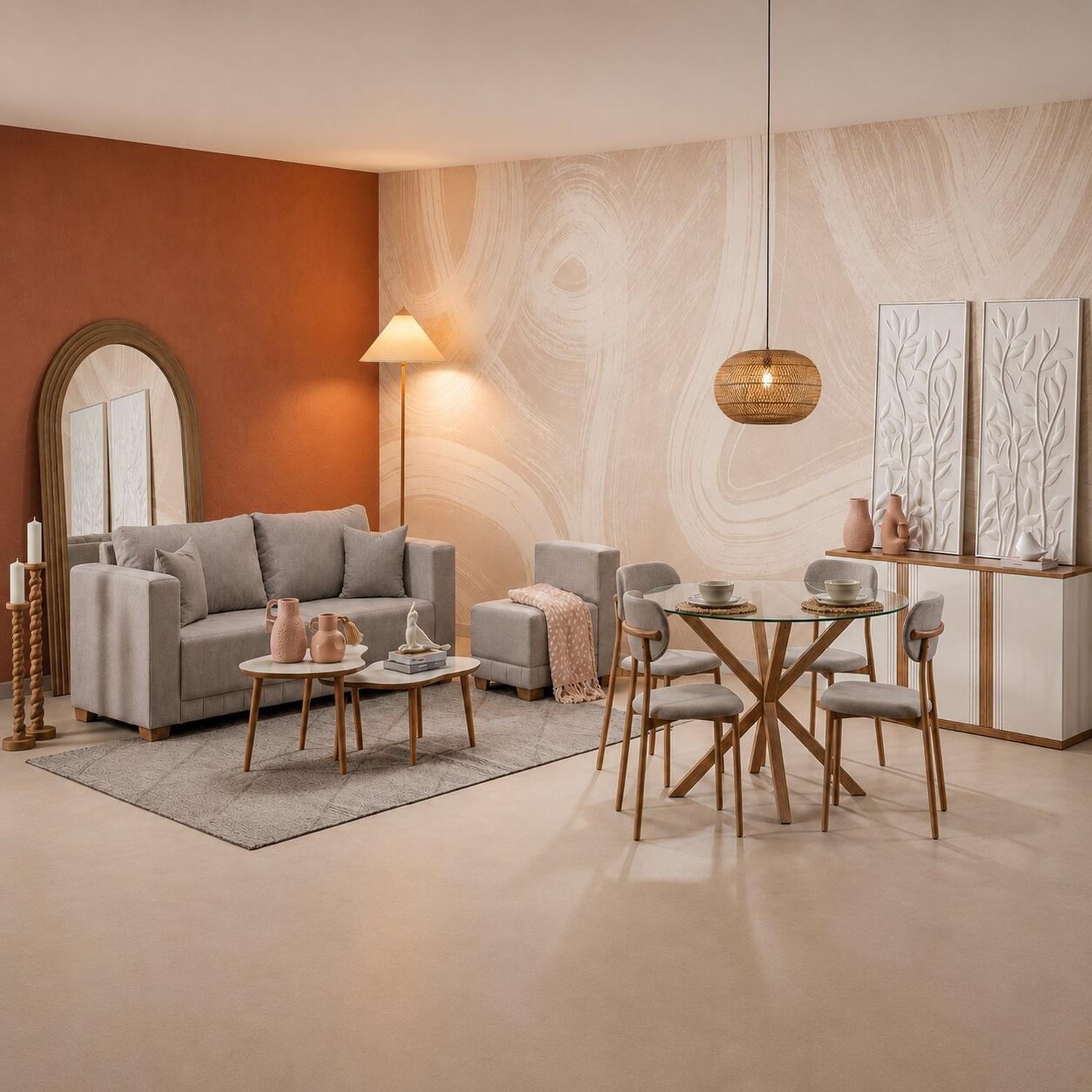 Combo Sala Funcional Andora Icono Almendra, Natural Bd + Comedor 4 Puestos Dousty Taupe, Natural