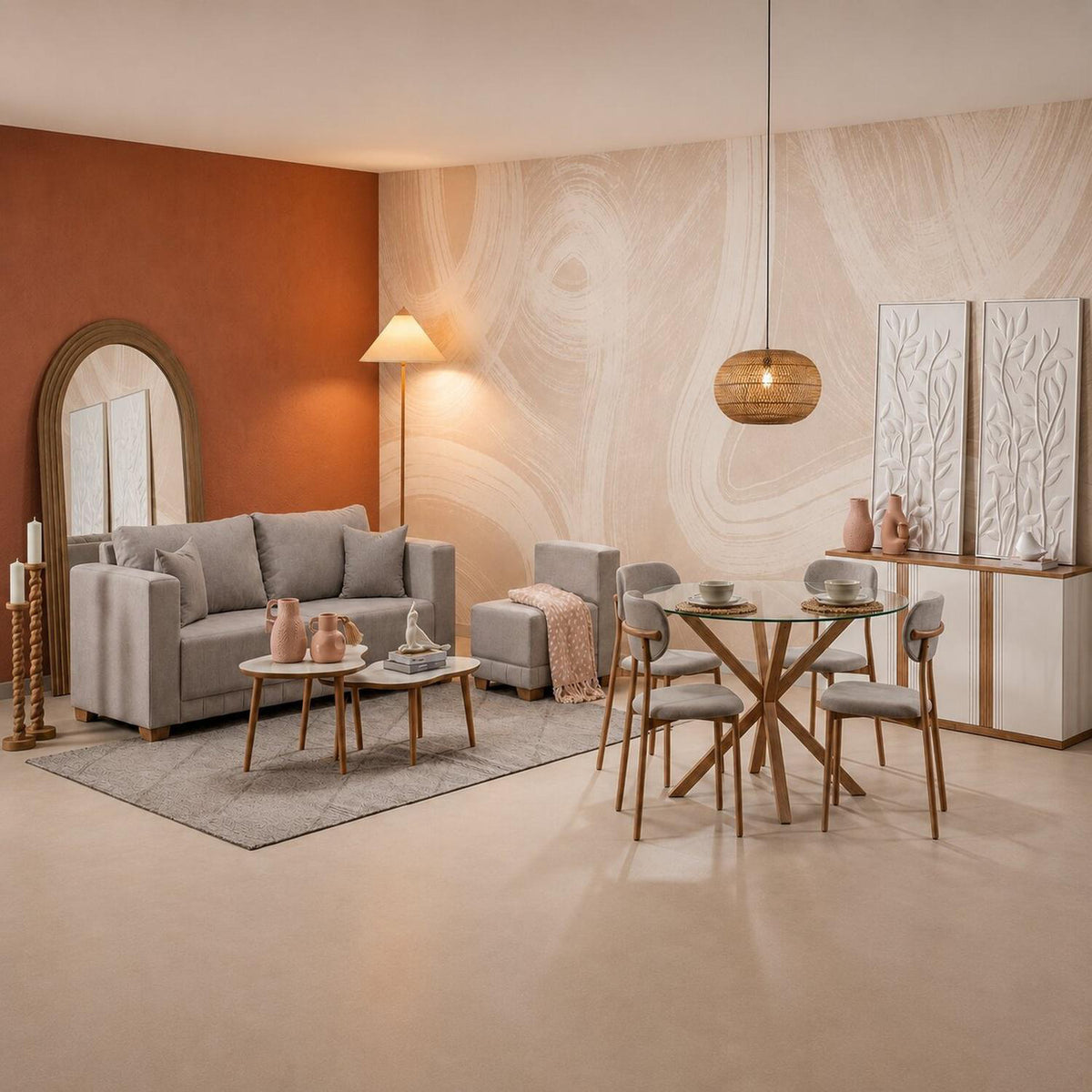 Combo Sala Funcional Andora Icono Almendra, Natural Bd + Comedor 4 Puestos Dousty Taupe, Natural