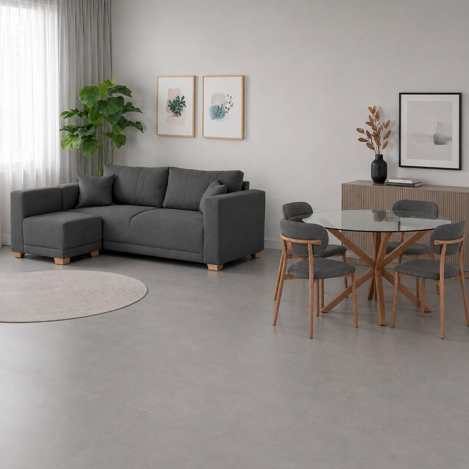 Combo Sala Funcional Andora Lino Kazan Plomo, Natural Bd + Comedor 4 Puestos Dousty Gris, Natural