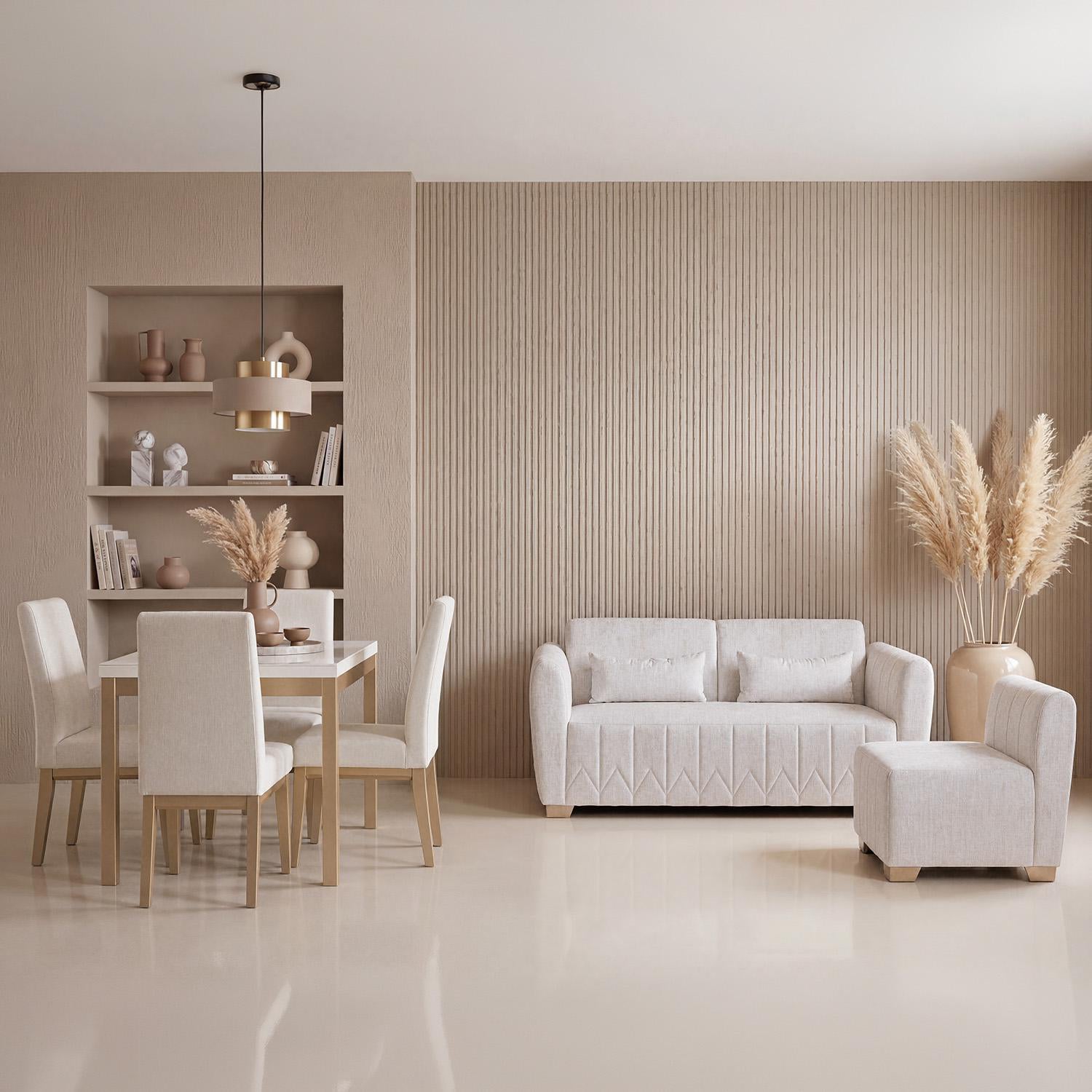 Combo Sala Rinconera Noah Estocolmo Blanco, Champaña + Comedor 4 Puestos Walcot Estocolmo Blanco, Champaña 4 Sillas