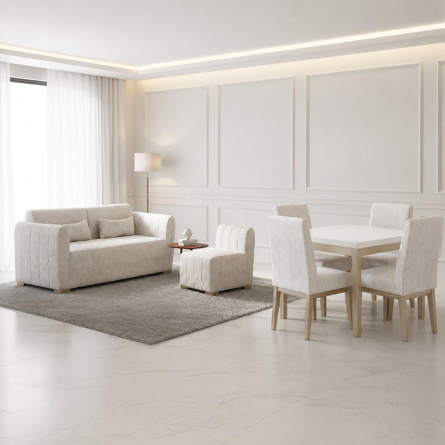 Combo Sala Rinconera Noah Estocolmo Blanco, Champaña + Comedor 4 Puestos Walcot Estocolmo Blanco, Champaña 4 Sillas