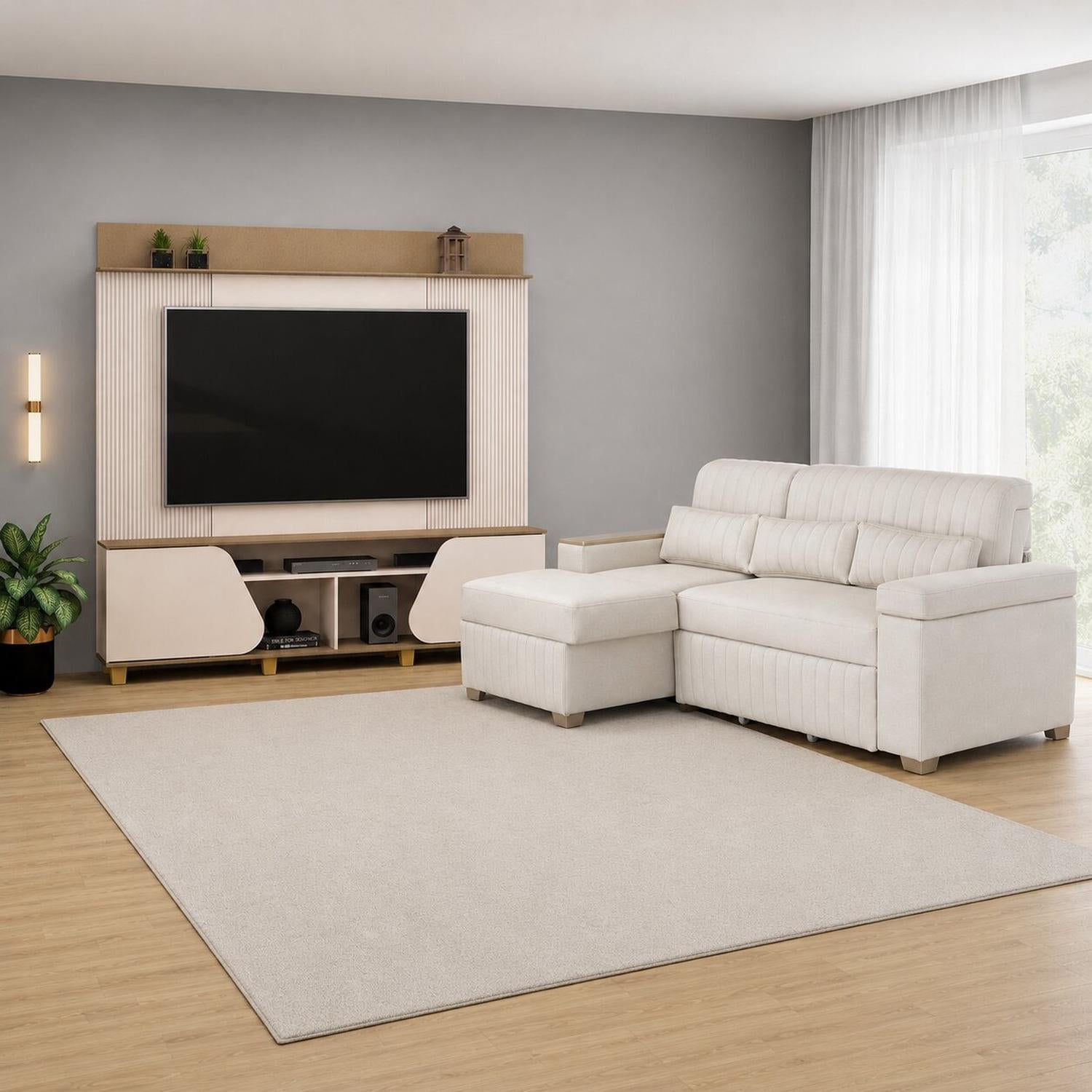 Combo Sala Cama Robi Blanco Puro Orientación Izquierda + Centro Entretenimiento Logan Offwhite, Champaña