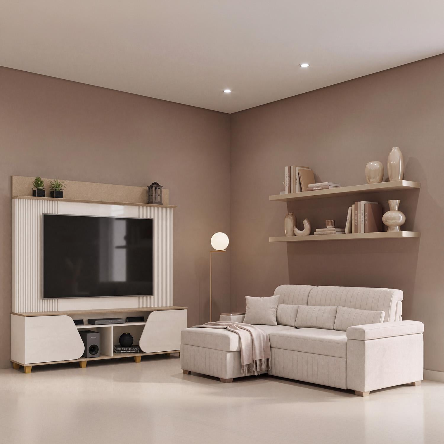 Combo Sala Cama Robi Blanco Puro Orientación Izquierda + Centro Entretenimiento Logan Offwhite, Champaña