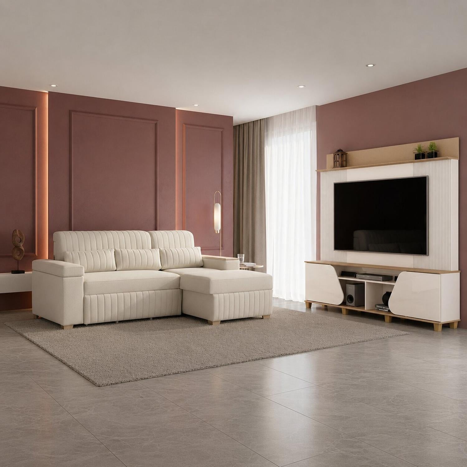 Combo Sala Cama Robi Blanco Puro Orientación Derecha + Centro Entretenimiento Logan Offwhite, Champaña
