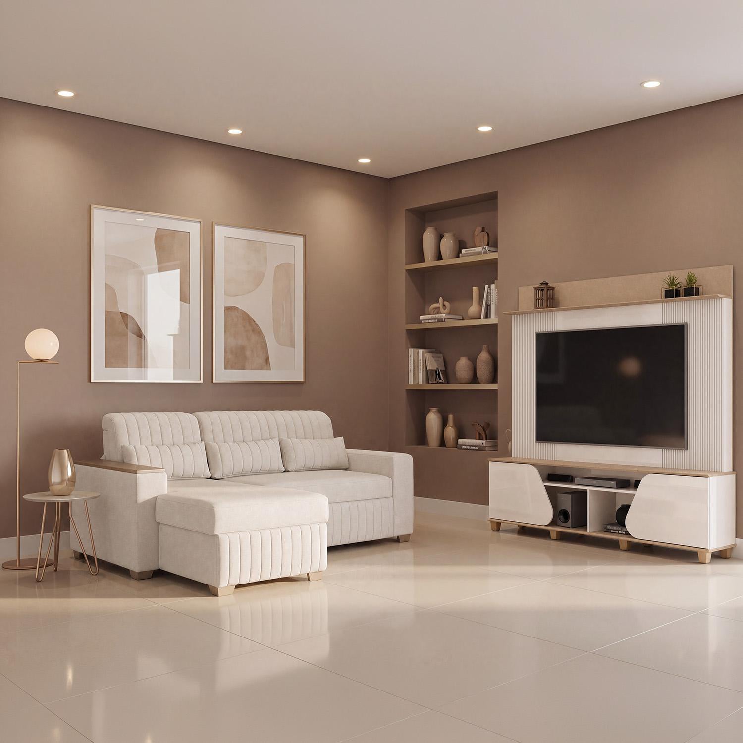 Combo Sala Cama Robi Blanco Puro Orientación Derecha + Centro Entretenimiento Logan Offwhite, Champaña