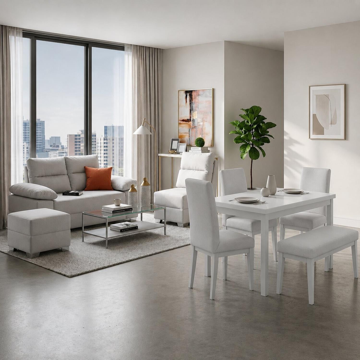 Combo Sala Modular Barton Gaira, Plata + Comedor 4 Puestos Walcot Plata 3Sillas y Butaco