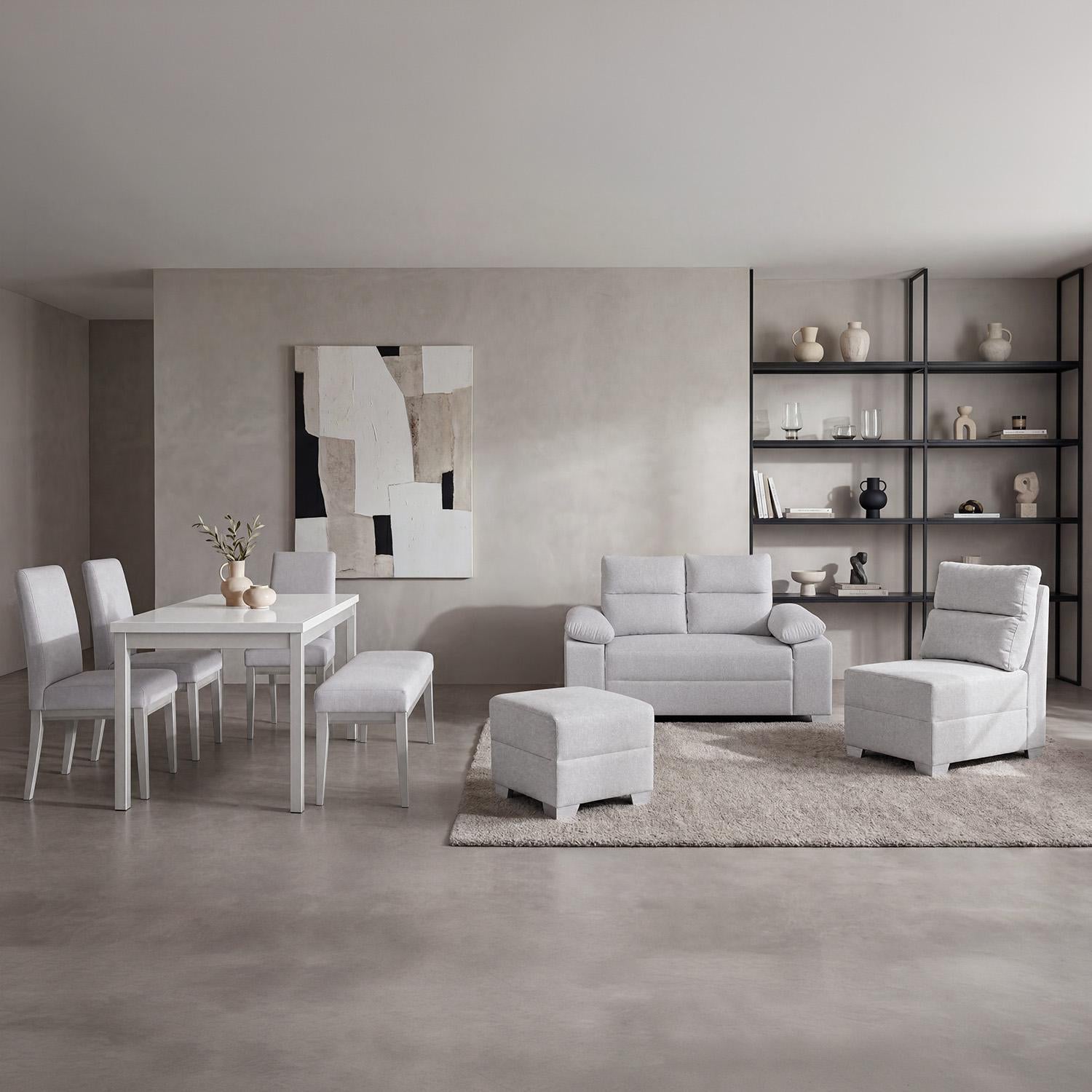 Combo Sala Modular Barton Gaira, Plata + Comedor 4 Puestos Walcot Plata 3Sillas y Butaco
