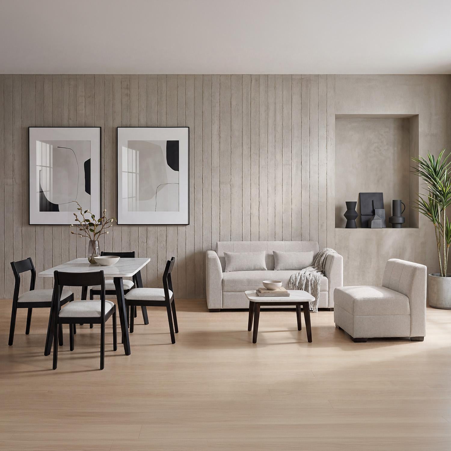 Combo Sala Funcional Dalton Impetu Beige, Negro + Comedor 4 Puestos Dalton Impetu Beige, Negro y Marmol