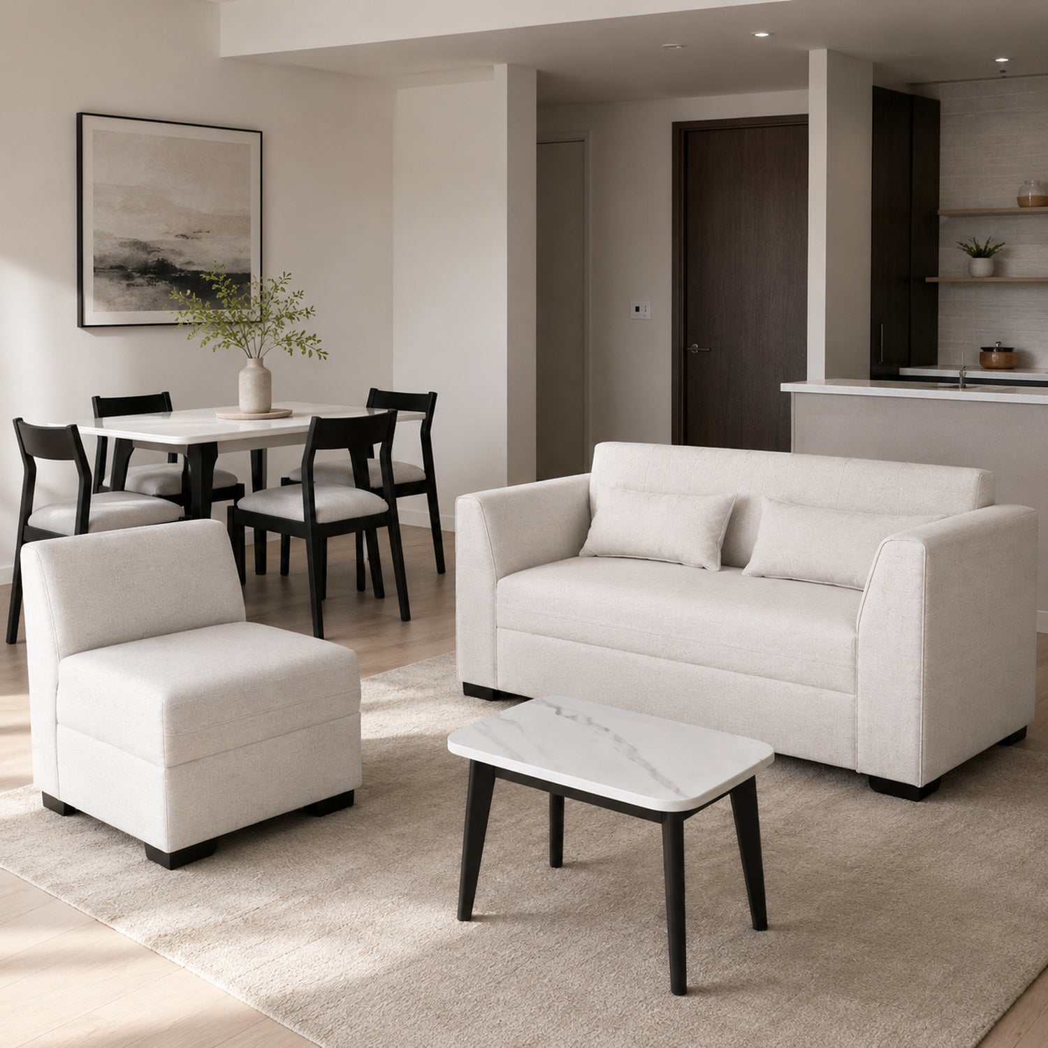 Combo Sala Funcional Dalton Impetu Beige, Negro + Comedor 4 Puestos Dalton Impetu Beige, Negro y Marmol