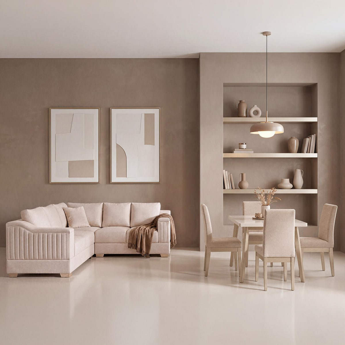 Combo Sala Rinconera Montier Beige, Champaña + Comedor 4 Puestos Cannes Eurolino Marfil, Champaña