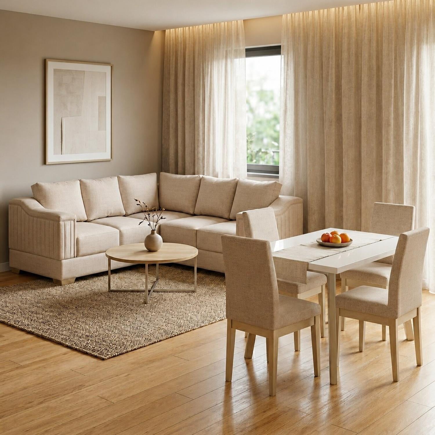 Combo Sala Rinconera Montier Beige, Champaña + Comedor 4 Puestos Cannes Eurolino Marfil, Champaña