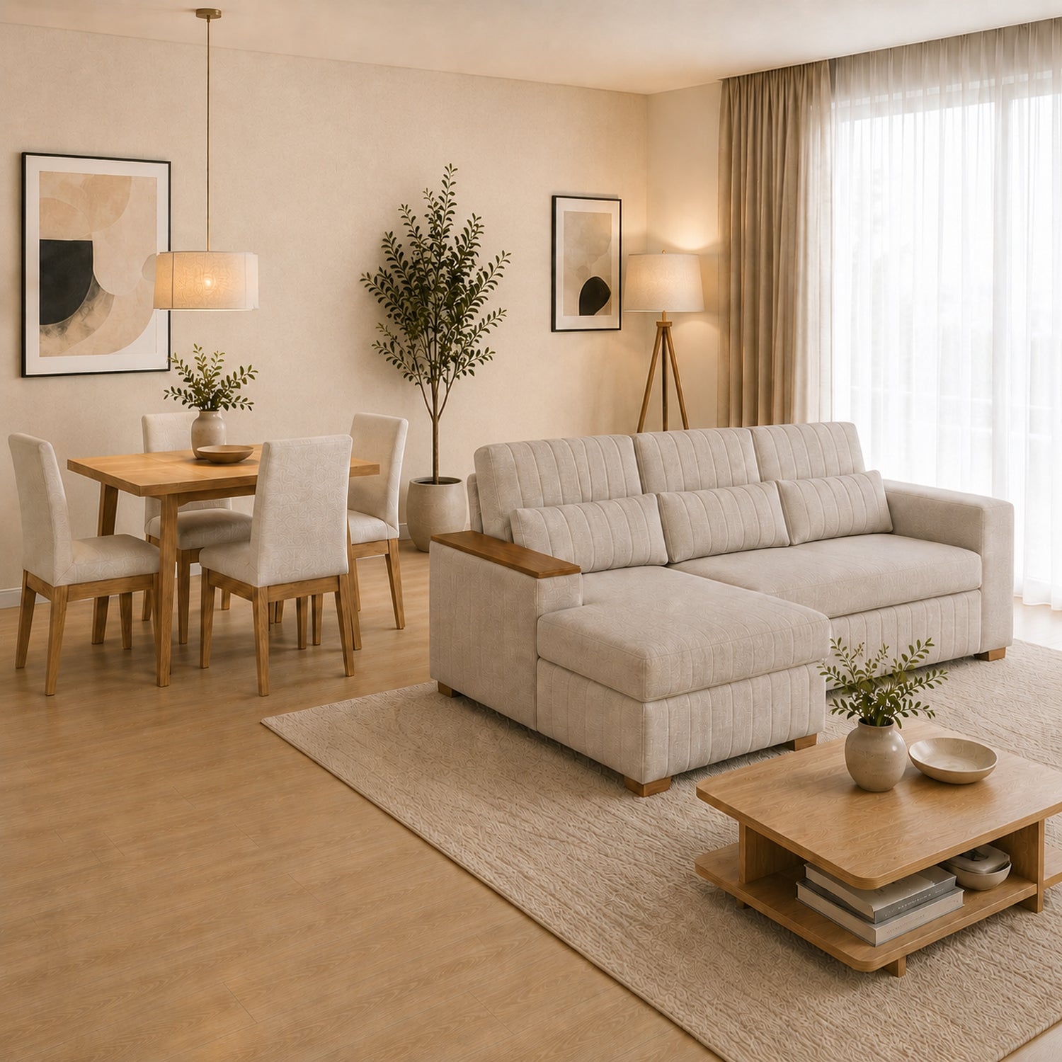 Combo Salacama Robi Marbella Marfil, Natural Izquierdo + Comedor 4 Puestos Cannes Marfil, Natural