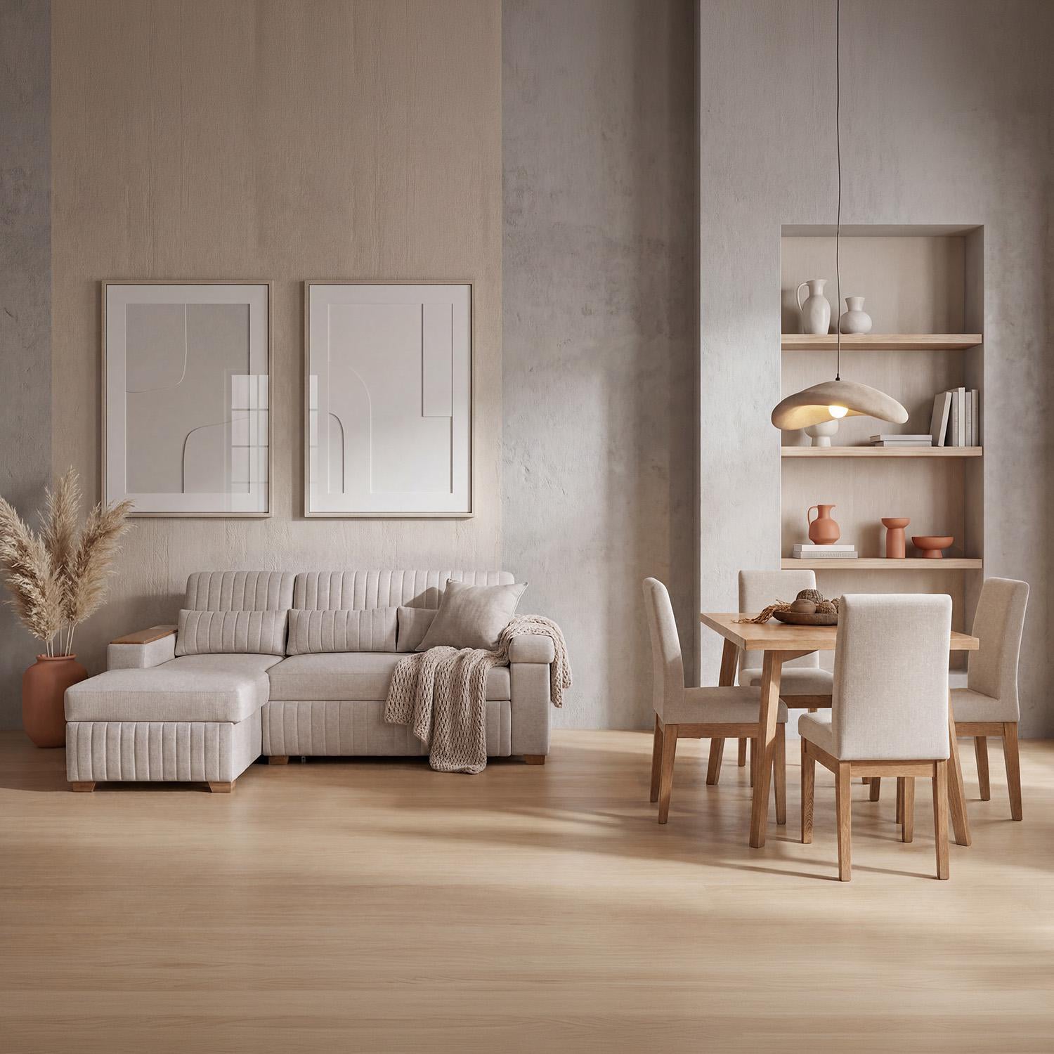 Combo Salacama Robi Marbella Marfil, Natural Izquierdo + Comedor 4 Puestos Cannes Marfil, Natural