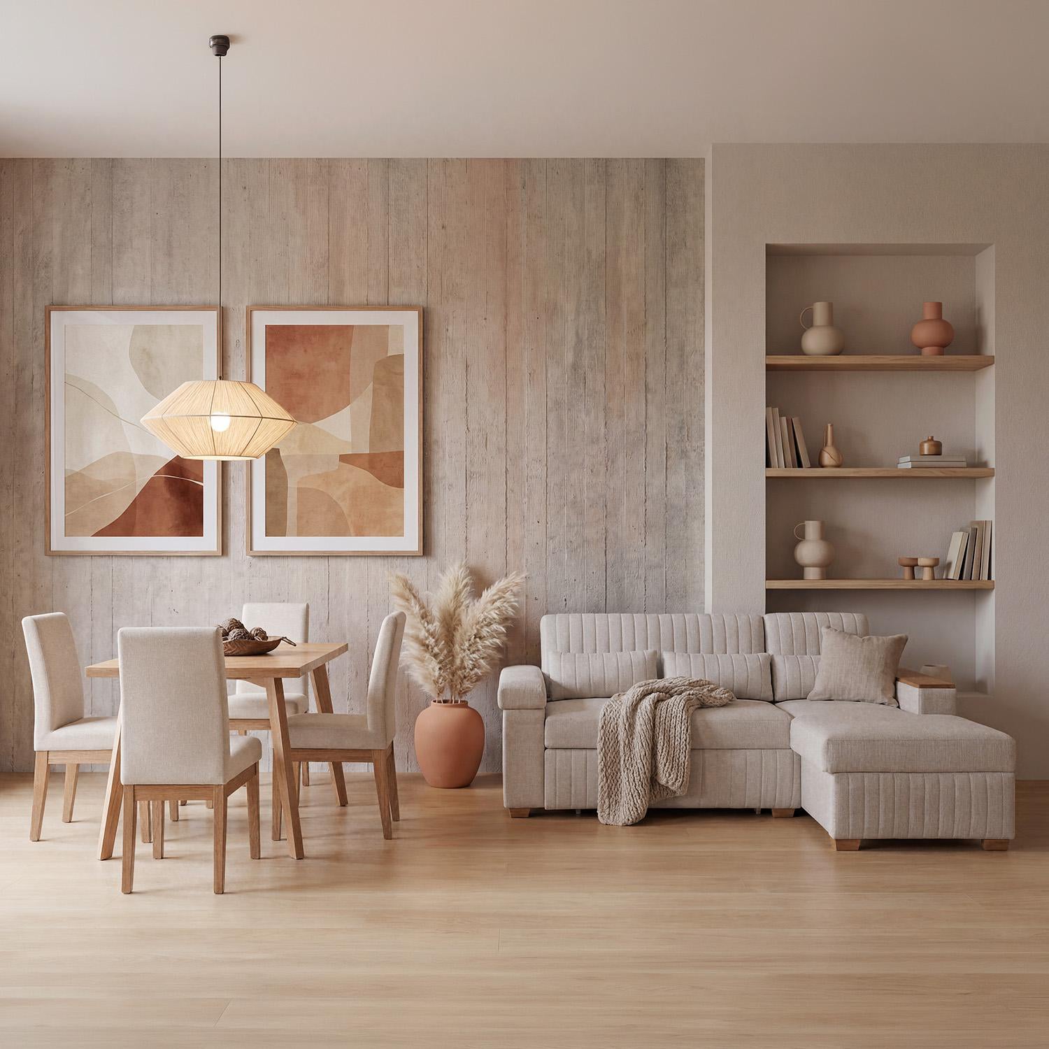 Combo Salacama Robi Marbella Marfil, Natural Derecha + Comedor 4 Puestos Cannes Marfil, Natural