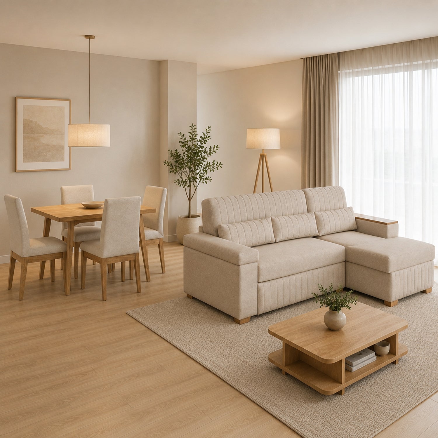 Combo Salacama Robi Marbella Marfil, Natural Derecha + Comedor 4 Puestos Cannes Marfil, Natural
