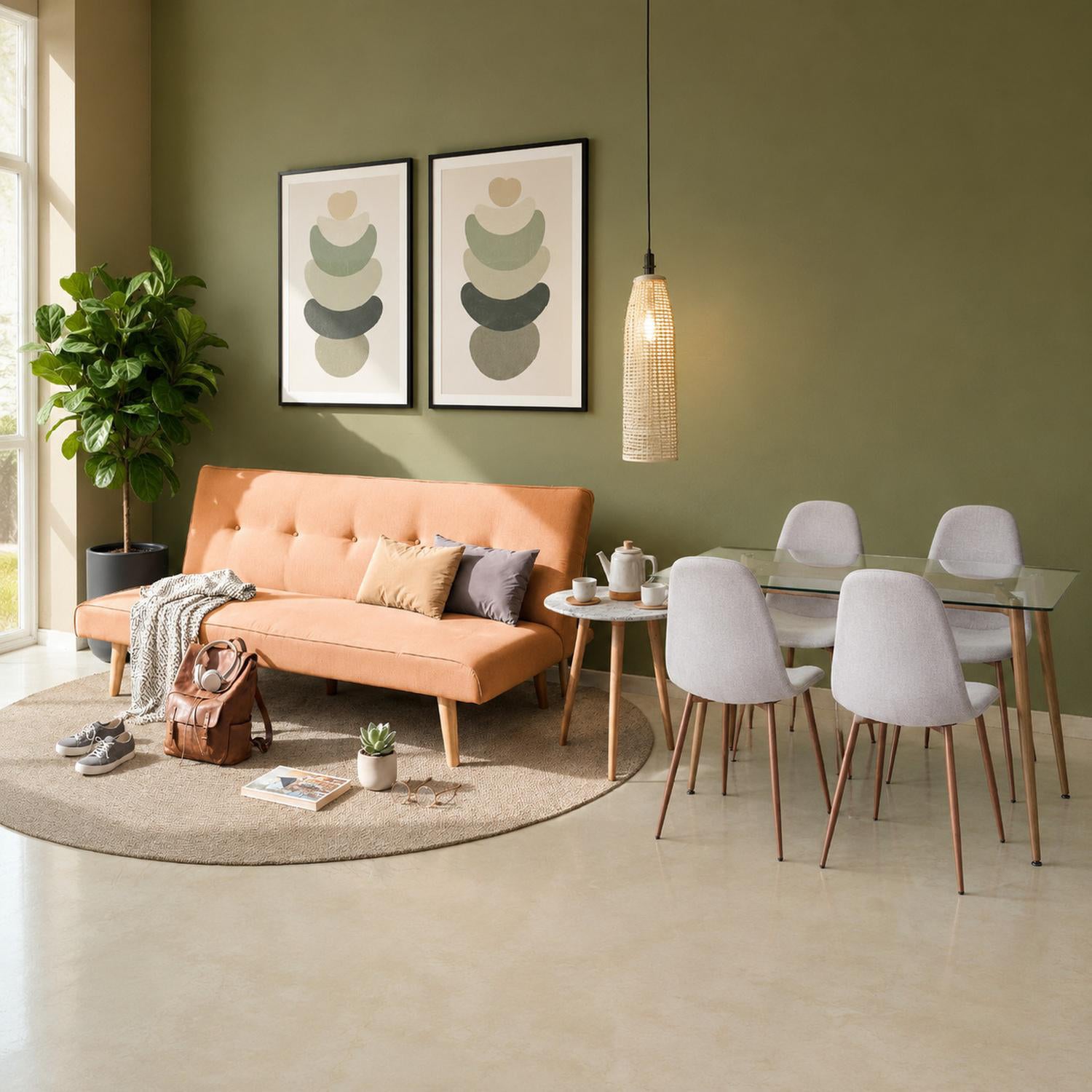 Combo Sofa Cama Gabi Microfribra Terra + Comedor 4 Puestos Harrison Natural, Taupe