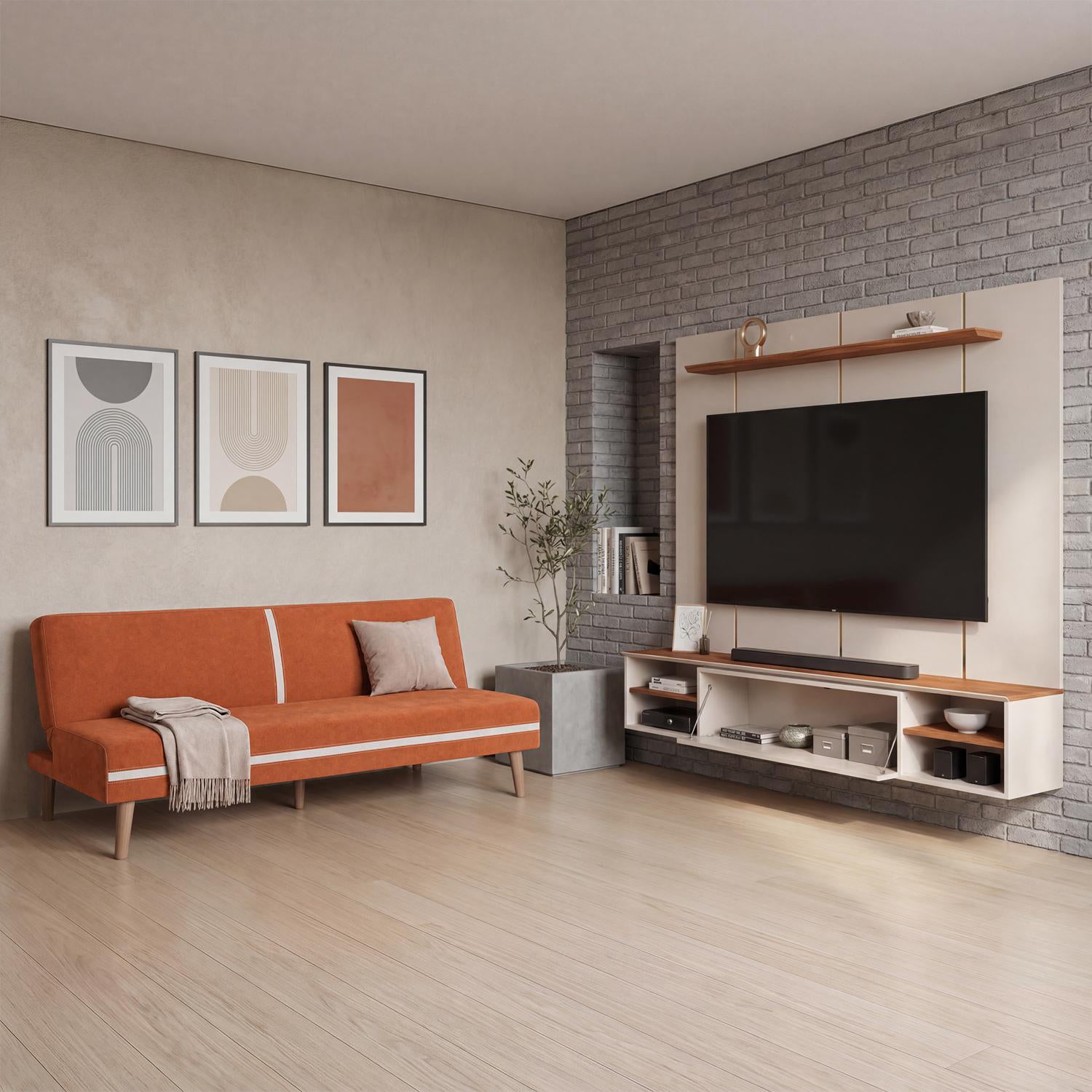 Combo Panel de Tv Alany 180X169X32 Off White, Natural + Sofacama Axxis Malaya Terra, Natural