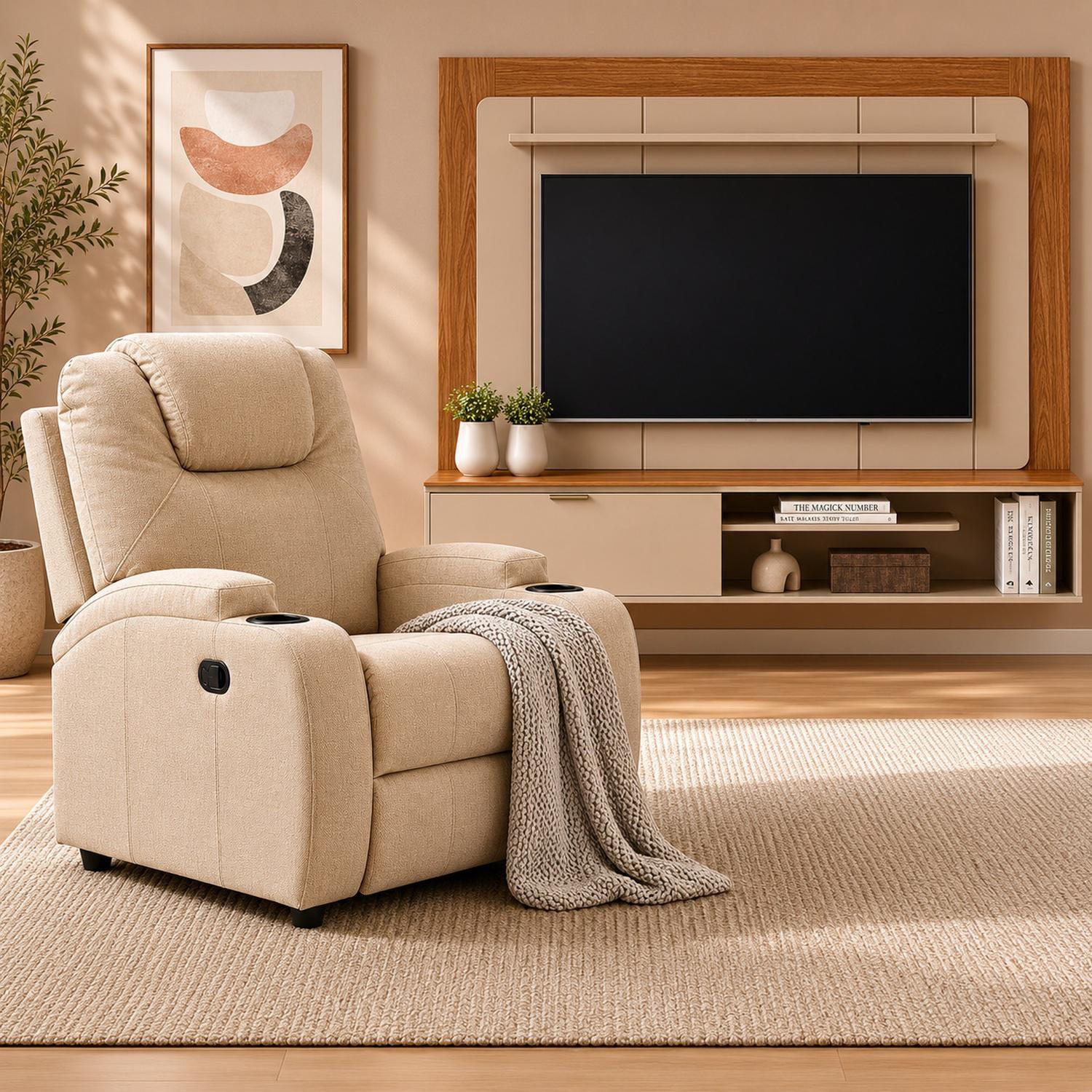 Combo Panel de Tv 182X150X34 Lugano Natural, Offwhite + Silla Reclinable Matti Eurolino Marfil