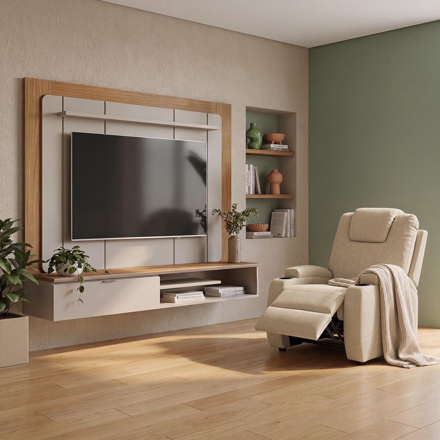 Combo Panel de Tv 182X150X34 Lugano Natural, Offwhite + Silla Reclinable Matti Eurolino Marfil