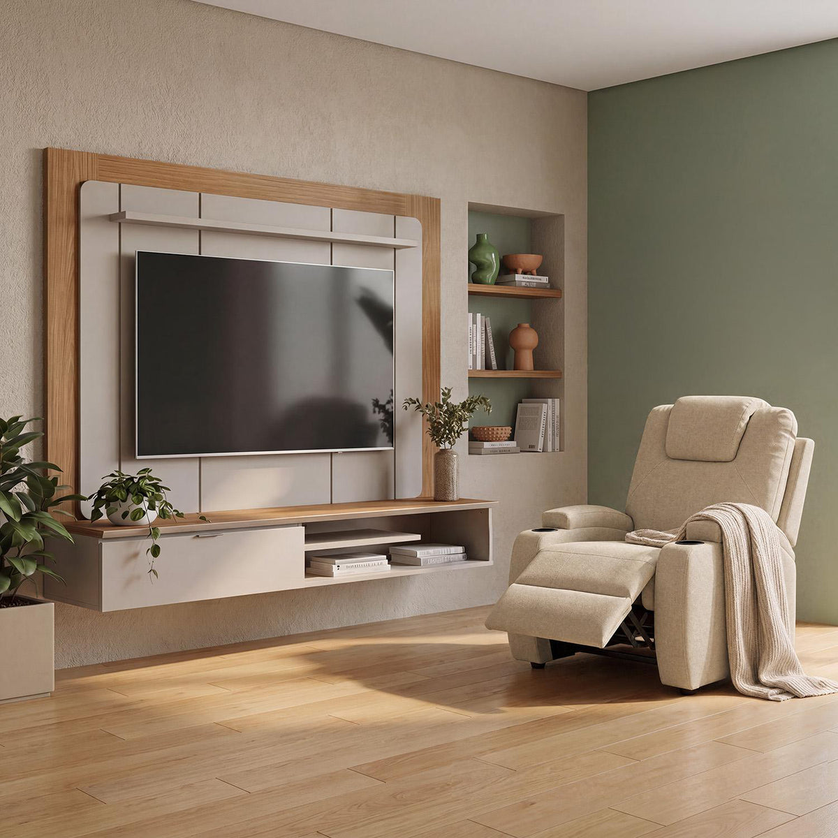 Combo Panel de Tv 182X150X34 Lugano Natural, Offwhite + Silla Reclinable Matti Eurolino Marfil