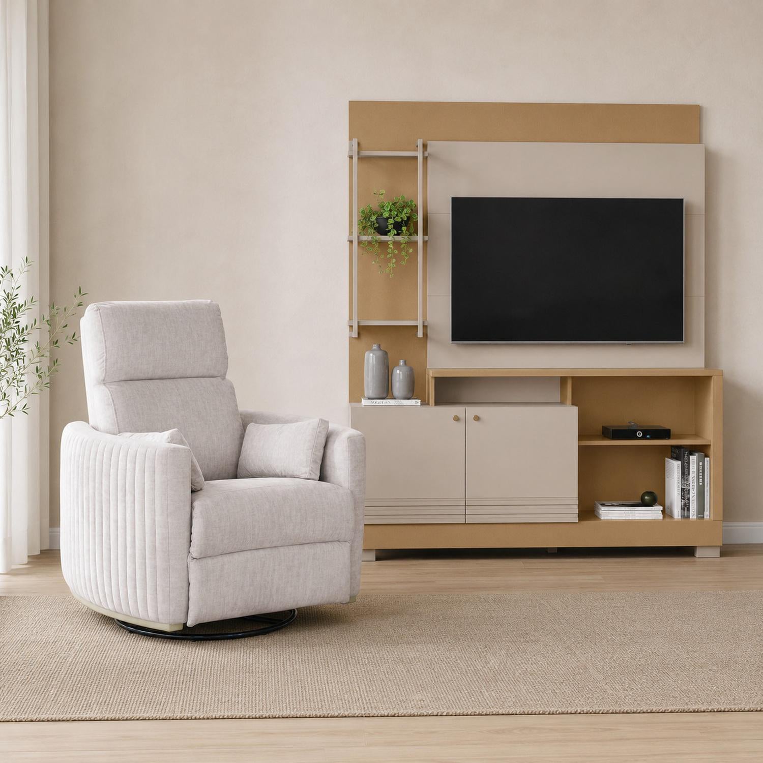 Combo Centro de Entretenimiento 160X187X39 Malaga Offwhite, Champaña + Silla Reclinable Minoti Atlas Marmol Mecedora, Giratoria