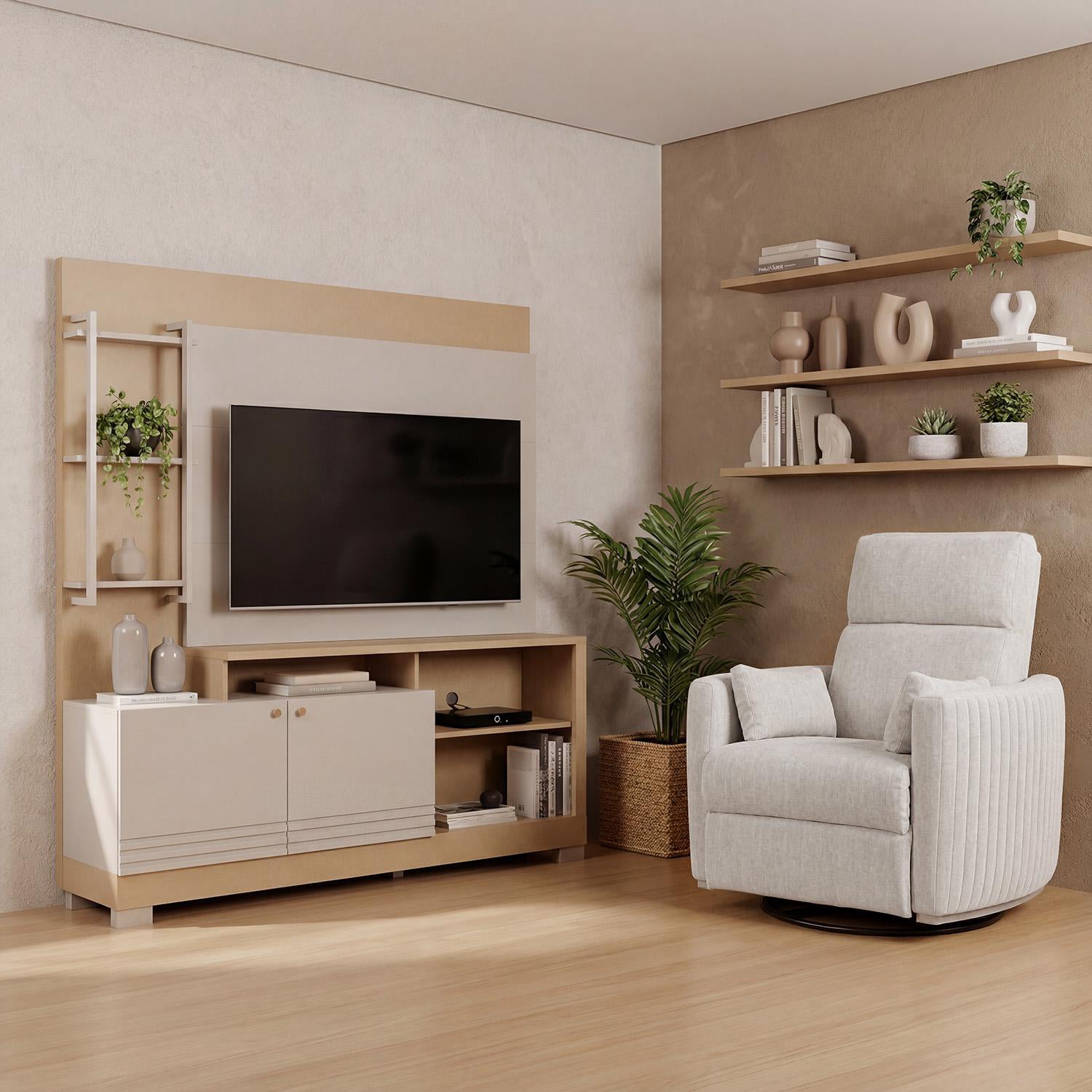 Combo Centro de Entretenimiento 160X187X39 Malaga Offwhite, Champaña + Silla Reclinable Minoti Atlas Marmol Mecedora, Giratoria
