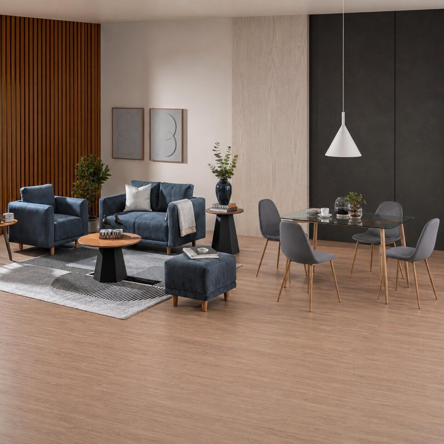 Combo Sala Modular Lana Dorsey Gris, Natural + Comedor 4 Puestos Harrison Natural, Gris