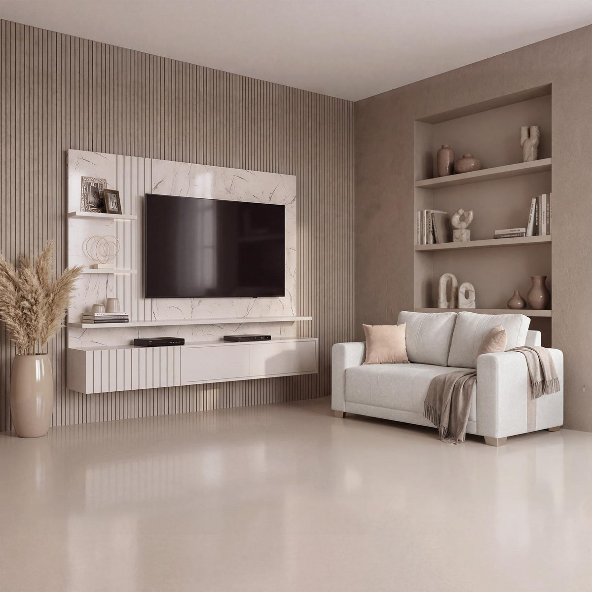 Combo Sofa 3 Puestos Mark Beige, Taupe y Champaña + Panel Tv Bruno 200X167X35.5 Off White, Marfil