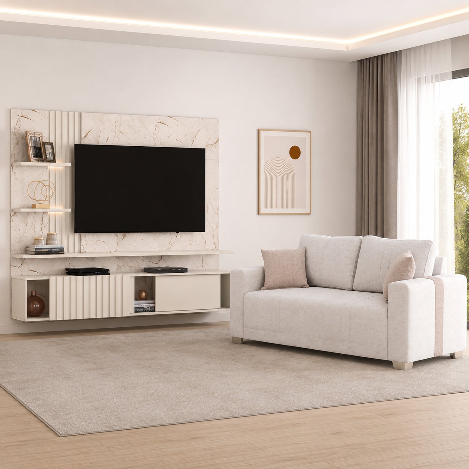 Combo Sofa 3 Puestos Mark Beige, Taupe y Champaña + Panel Tv Bruno 200X167X35.5 Off White, Marfil