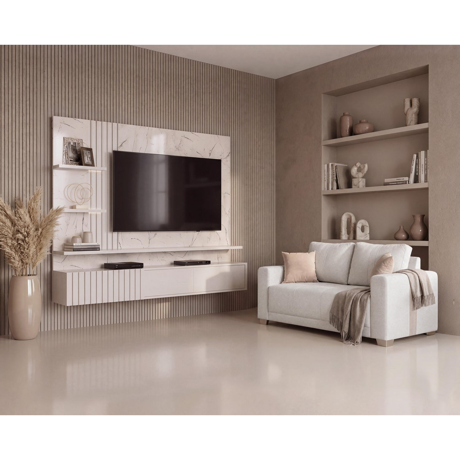 Combo Sofa 3 Puestos Mark Beige, Taupe y Champaña + Panel Tv Bruno 200X167X35.5 Off White, Marfil