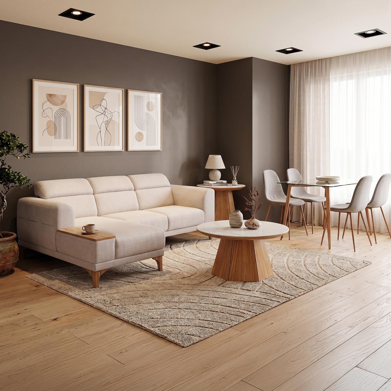 Combo Sala Rinconera Carla Almendra, Natural Izquierda + Comedor 4 Puestos Harrison Taupe, Natural