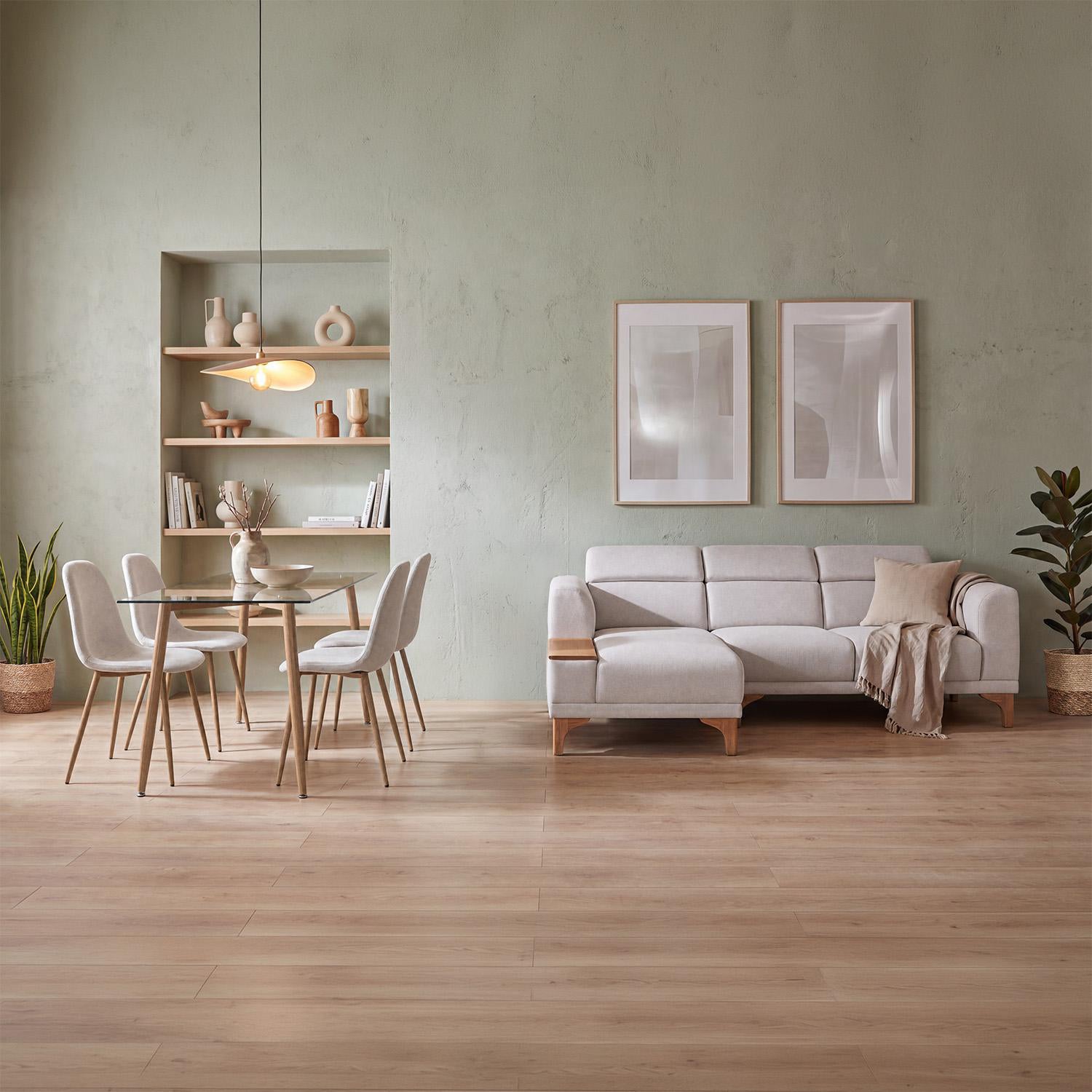 Combo Sala Rinconera Carla Almendra, Natural Izquierda + Comedor 4 Puestos Harrison Taupe, Natural