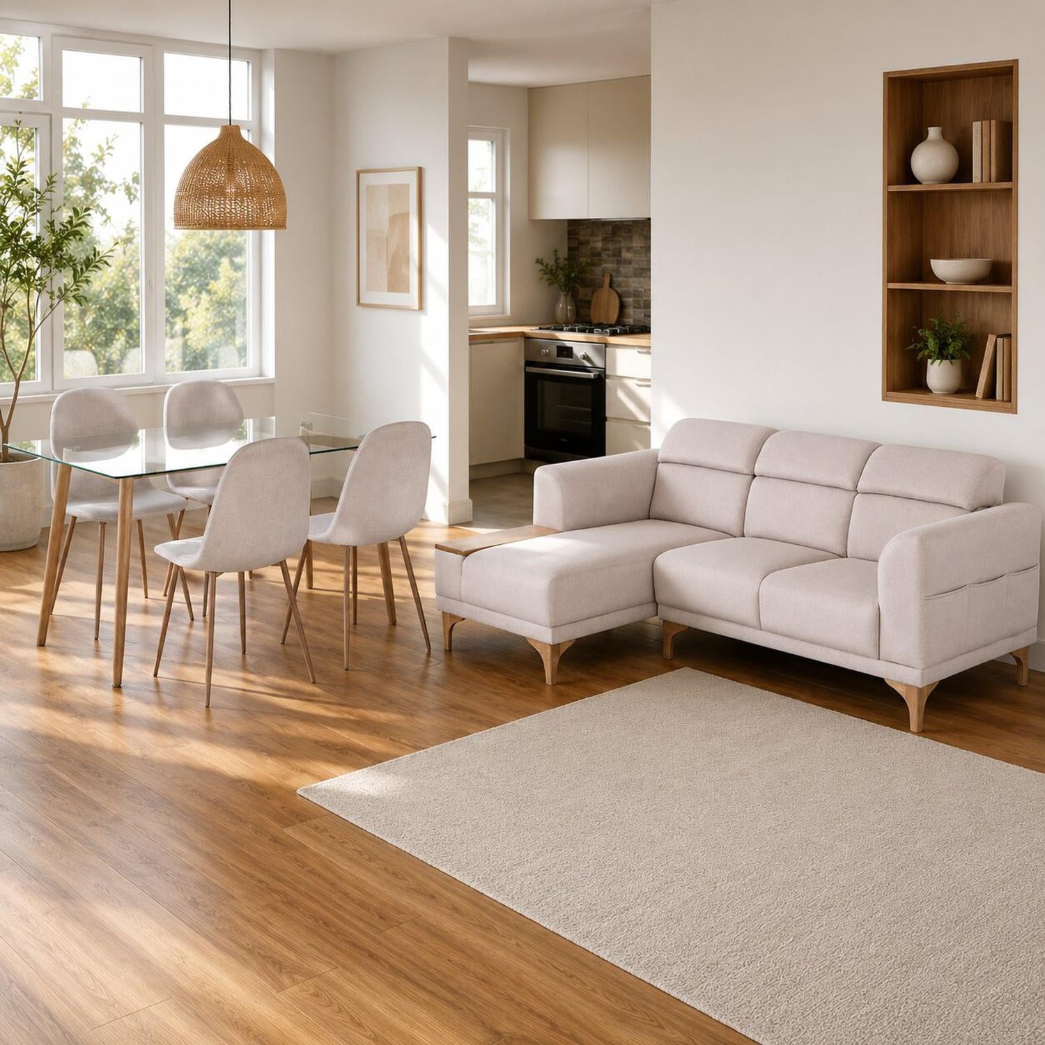 Combo Sala Rinconera Carla Almendra, Natural Izquierda + Comedor 4 Puestos Harrison Taupe, Natural