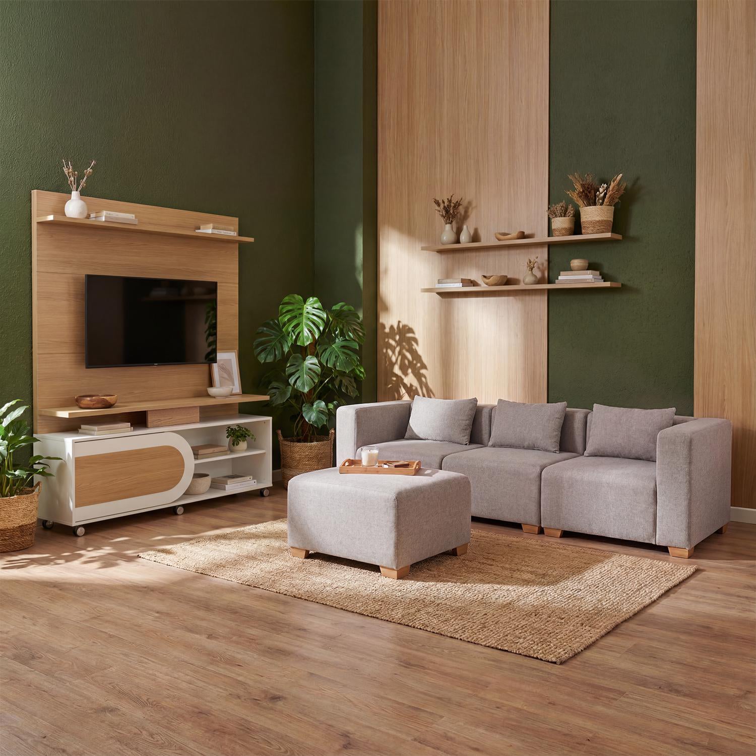 Combo Sala Funcional Fred Icono Taupe, Natural + Centro Entretenimiento Orly 136X190X39 Natural, Offwhite