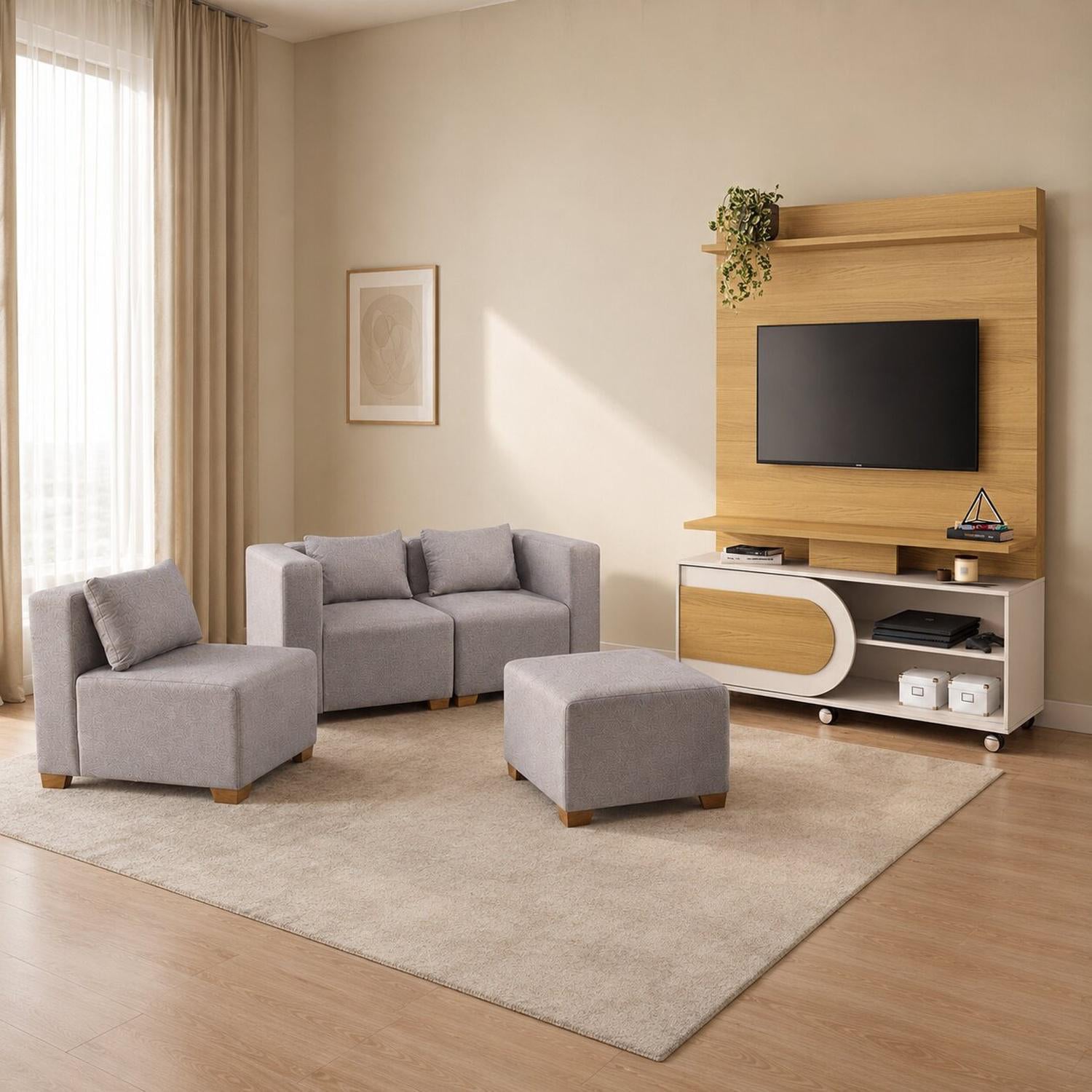 Combo Sala Funcional Fred Icono Taupe, Natural + Centro Entretenimiento Orly 136X190X39 Natural, Offwhite