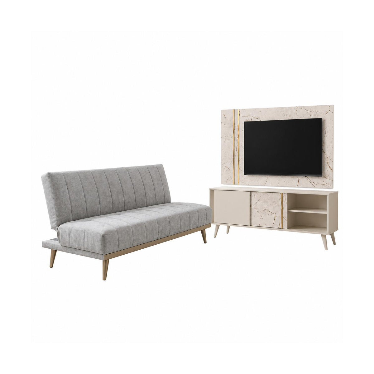 Combo Sofacama Denzel Ainoa Plata, Champaña + Centro de Entretenimiento Luka 160X148X37 Offwhite, Marmol