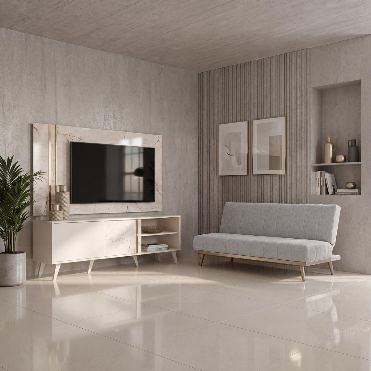 Combo Sofacama Denzel Ainoa Plata, Champaña + Centro de Entretenimiento Luka 160X148X37 Offwhite, Marmol