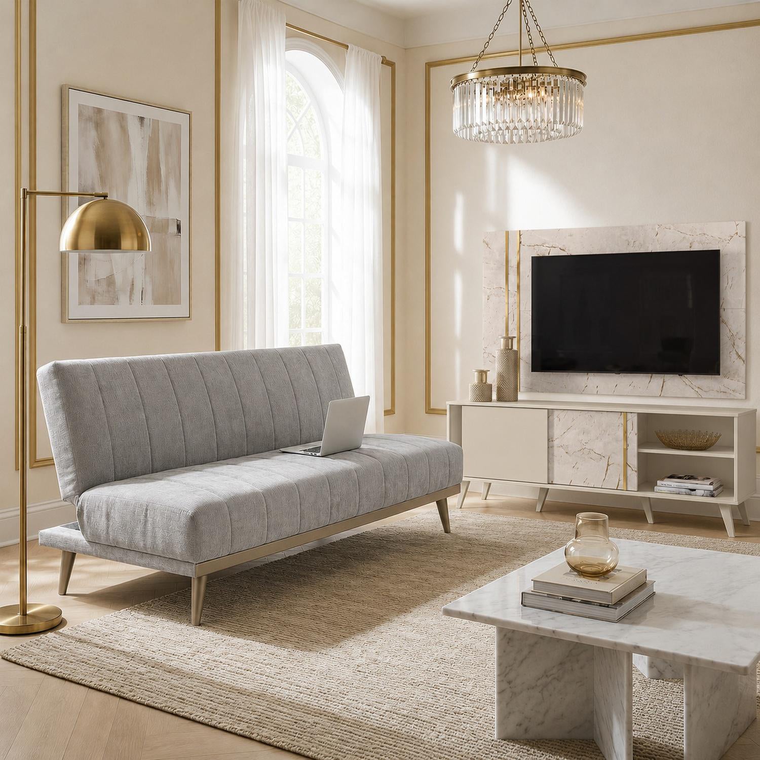 Combo Sofacama Denzel Ainoa Plata, Champaña + Centro de Entretenimiento Luka 160X148X37 Offwhite, Marmol