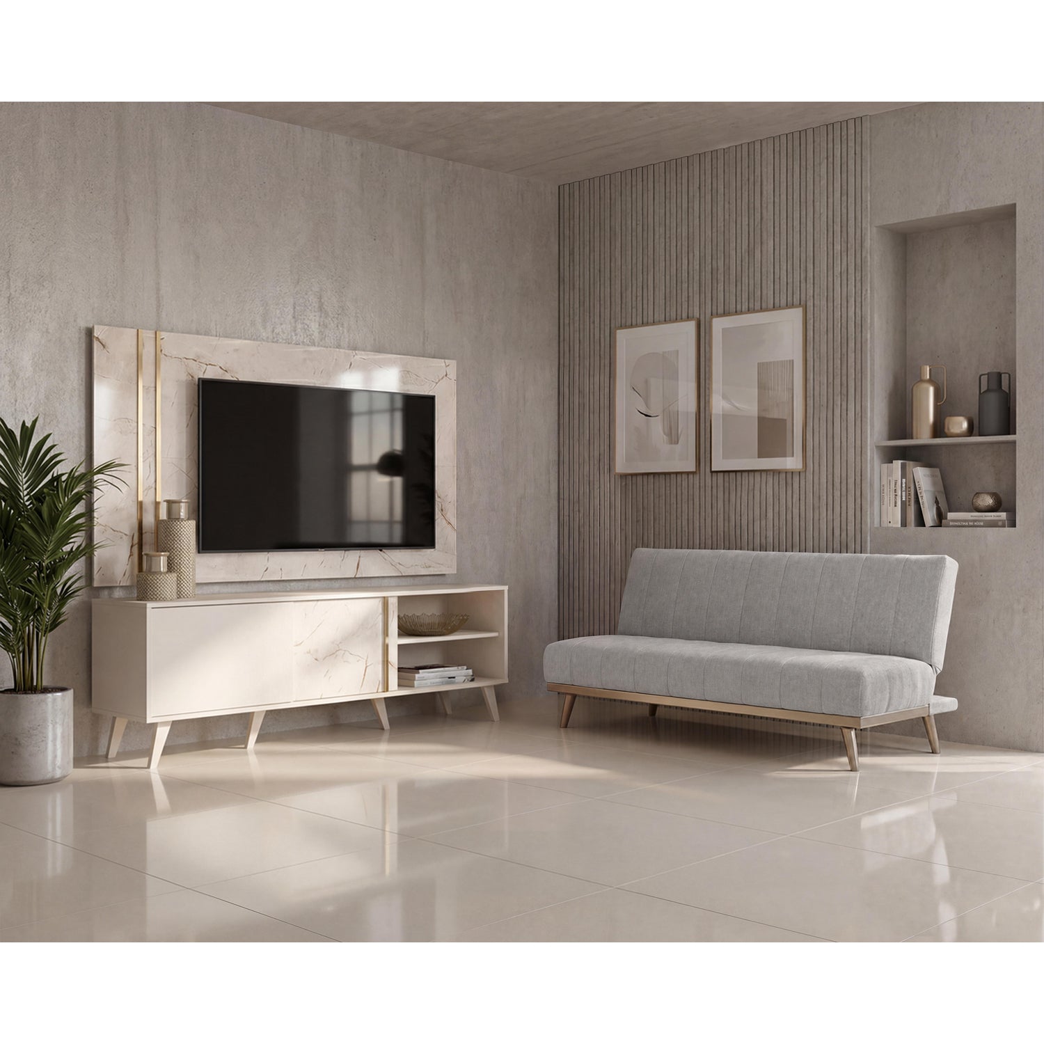 Combo Sofacama Denzel Ainoa Plata, Champaña + Centro de Entretenimiento Luka 160X148X37 Offwhite, Marmol