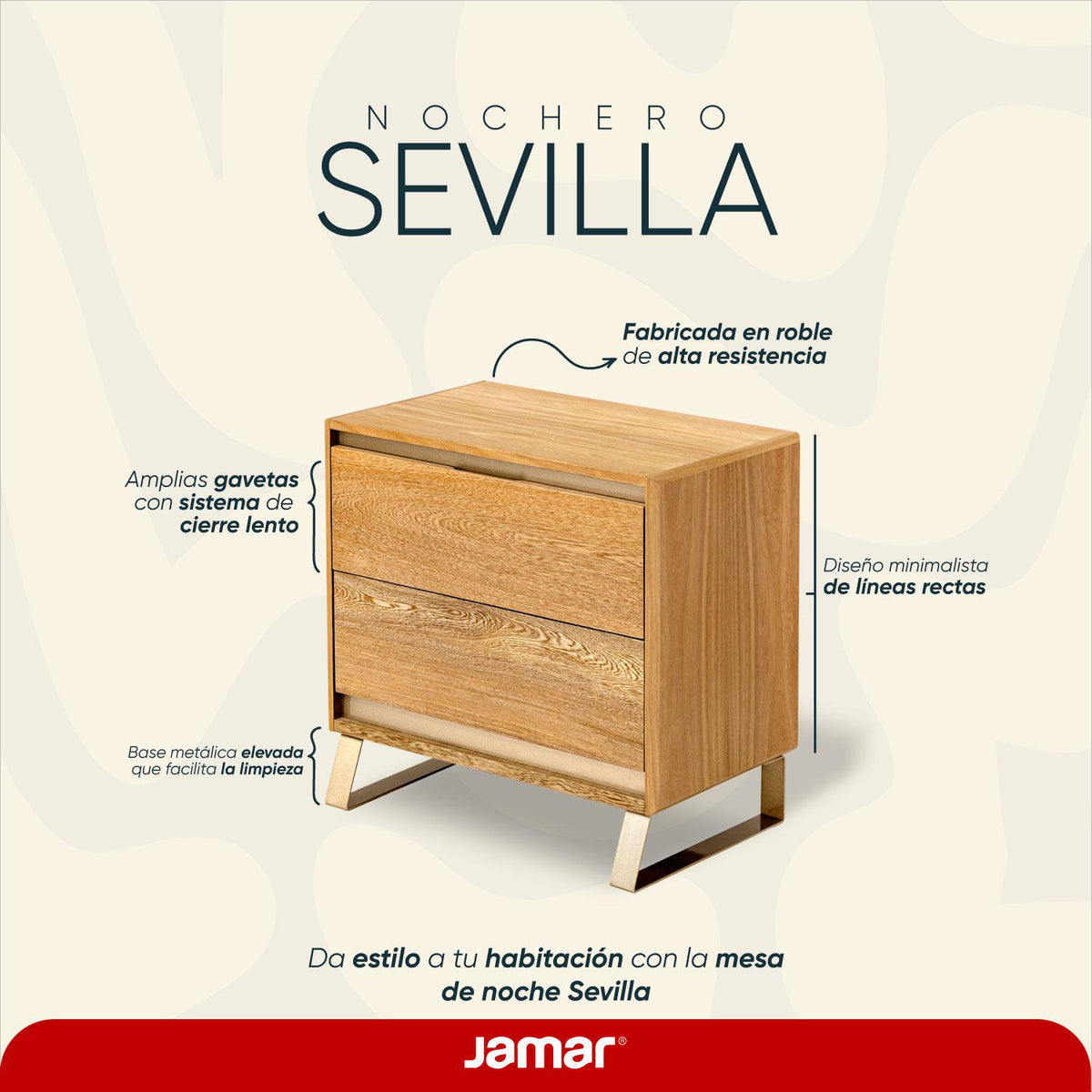 Mesa de Noche Sevilla Natural, Champaña 2 Gavetas