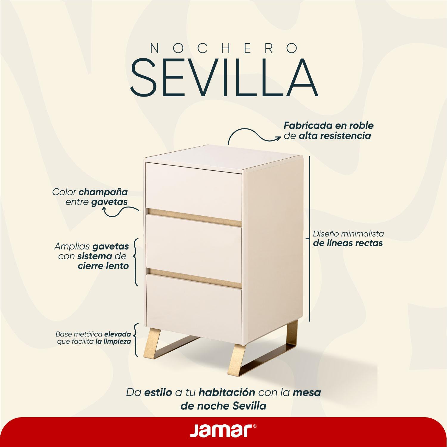 Mesa de Noche Sevilla Greige, Champaña 3 Gavetas 38 cm