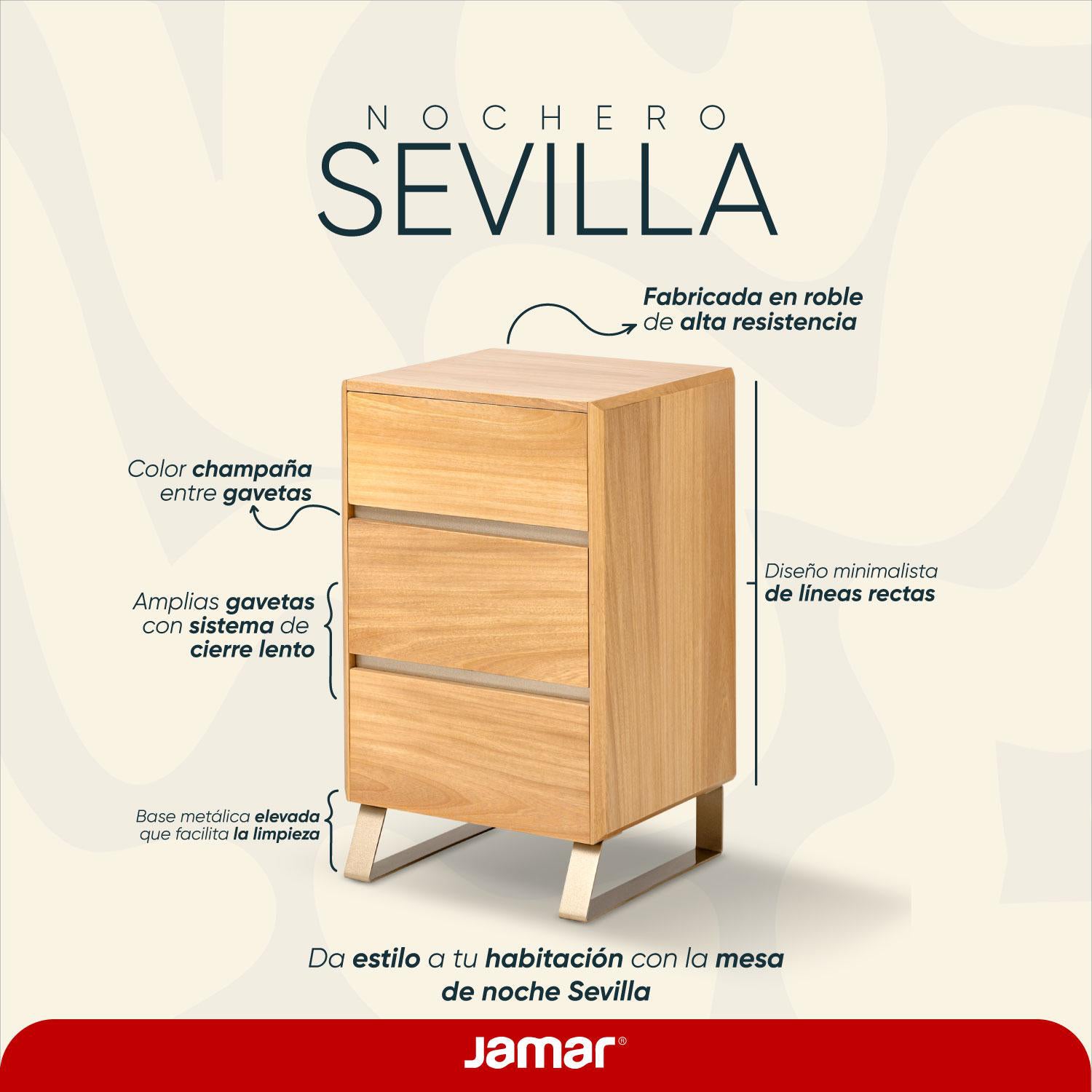 Mesa de Noche Sevilla Natural, Chamapaña 3 Gavetas 38 cm